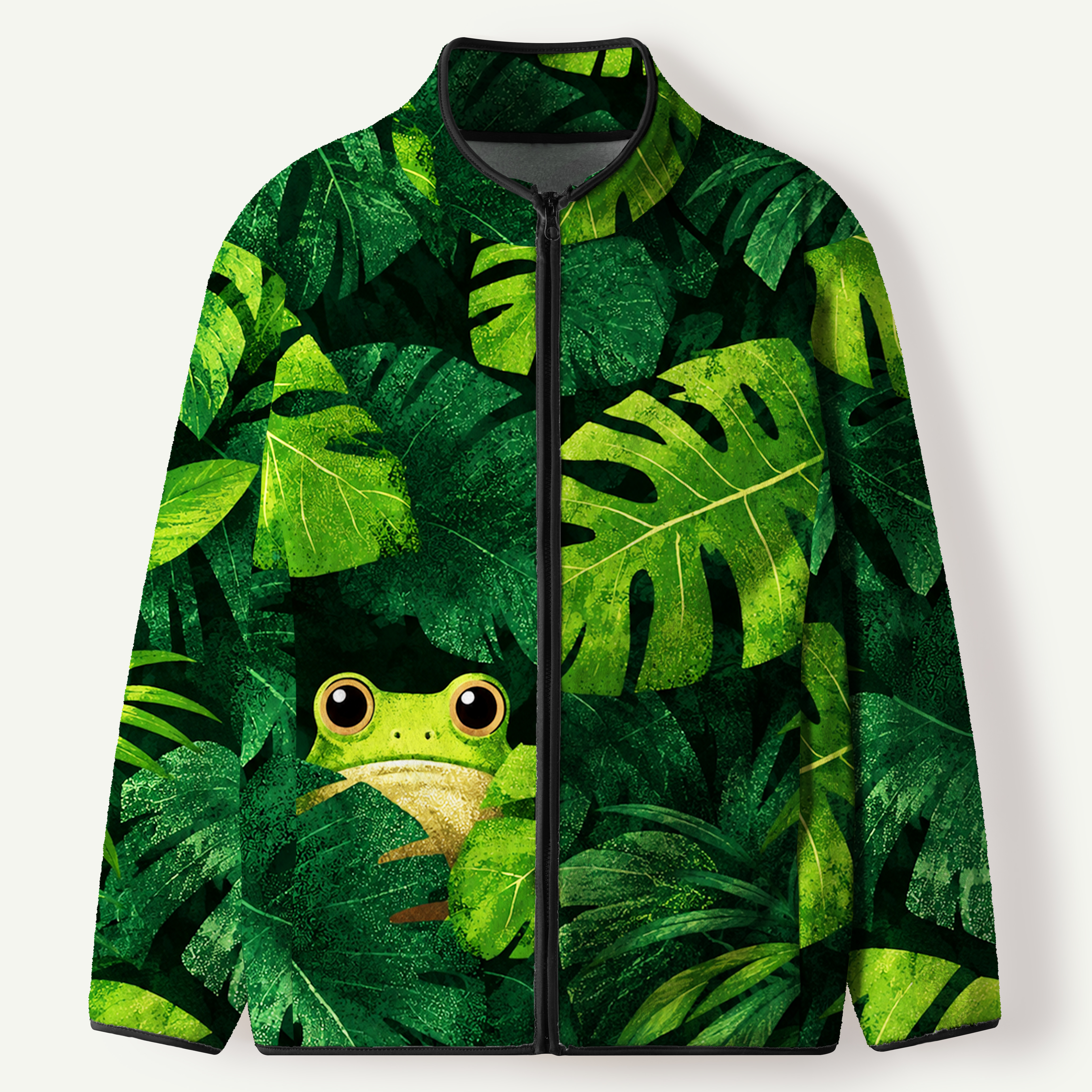 Big Eyed Frog In Tropical Leaves Men's Flannel Zip Front Cardigan