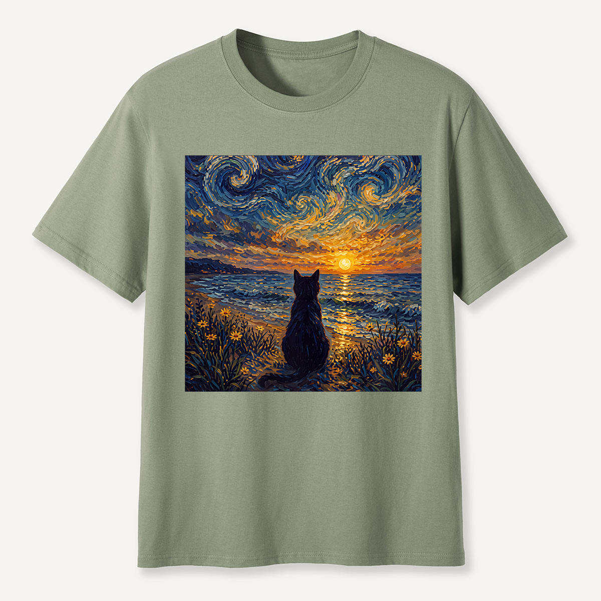 Starry Night Sunset Cat Seaside T-Shirt