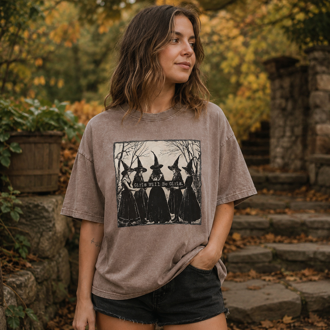 Girls Will Be Girls Witch Circle Washed T-Shirt