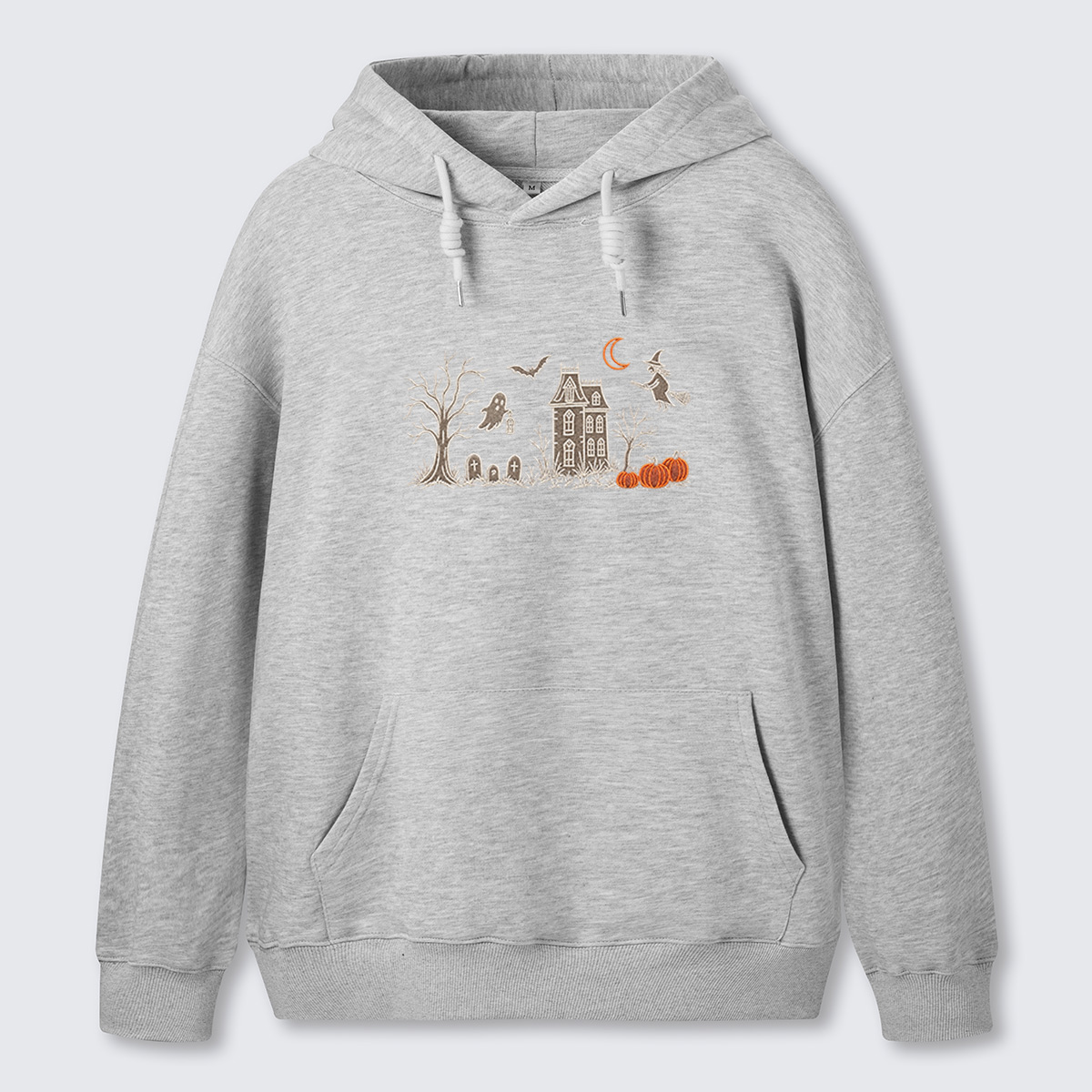 Haunted House Line Art Embroidered Cotton Hoodie