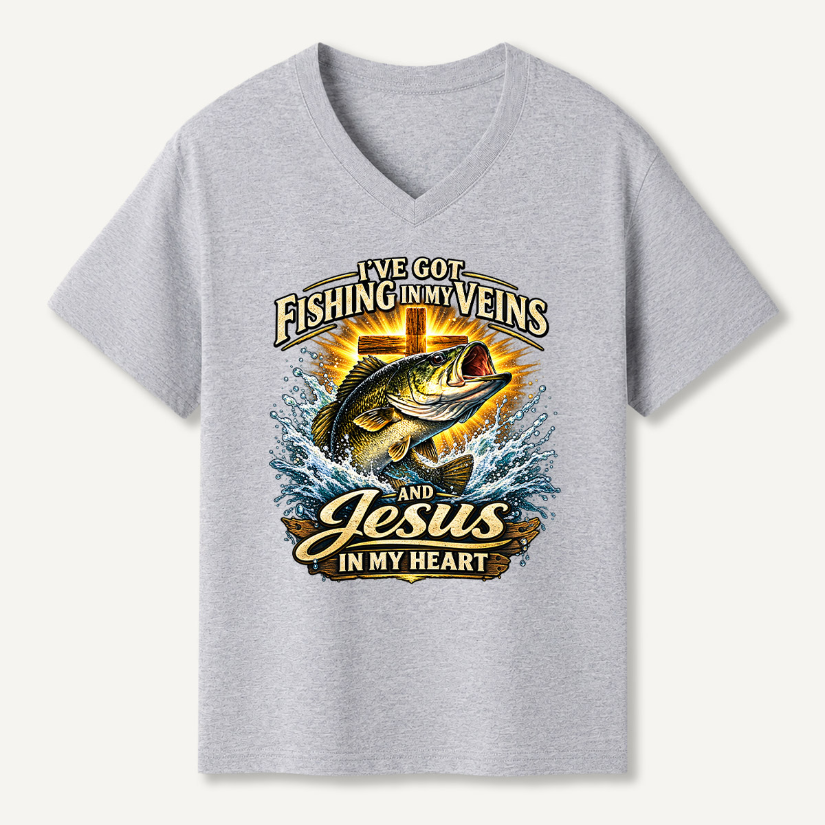 Fishing In My Veins Vintage Bass Graphic V-neck T-Shirt