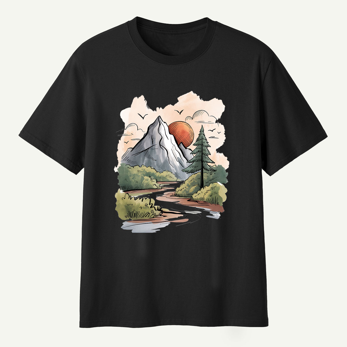 Mountain River Sunset Watercolor Landscape T-Shirt
