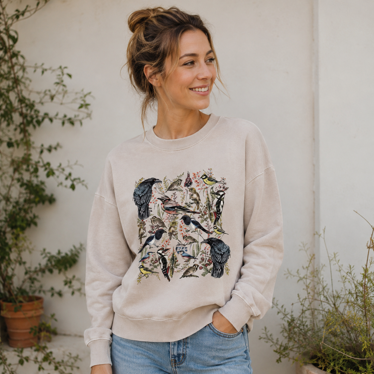 Vintage Wild Birds Botanical Washed Sweatshirts