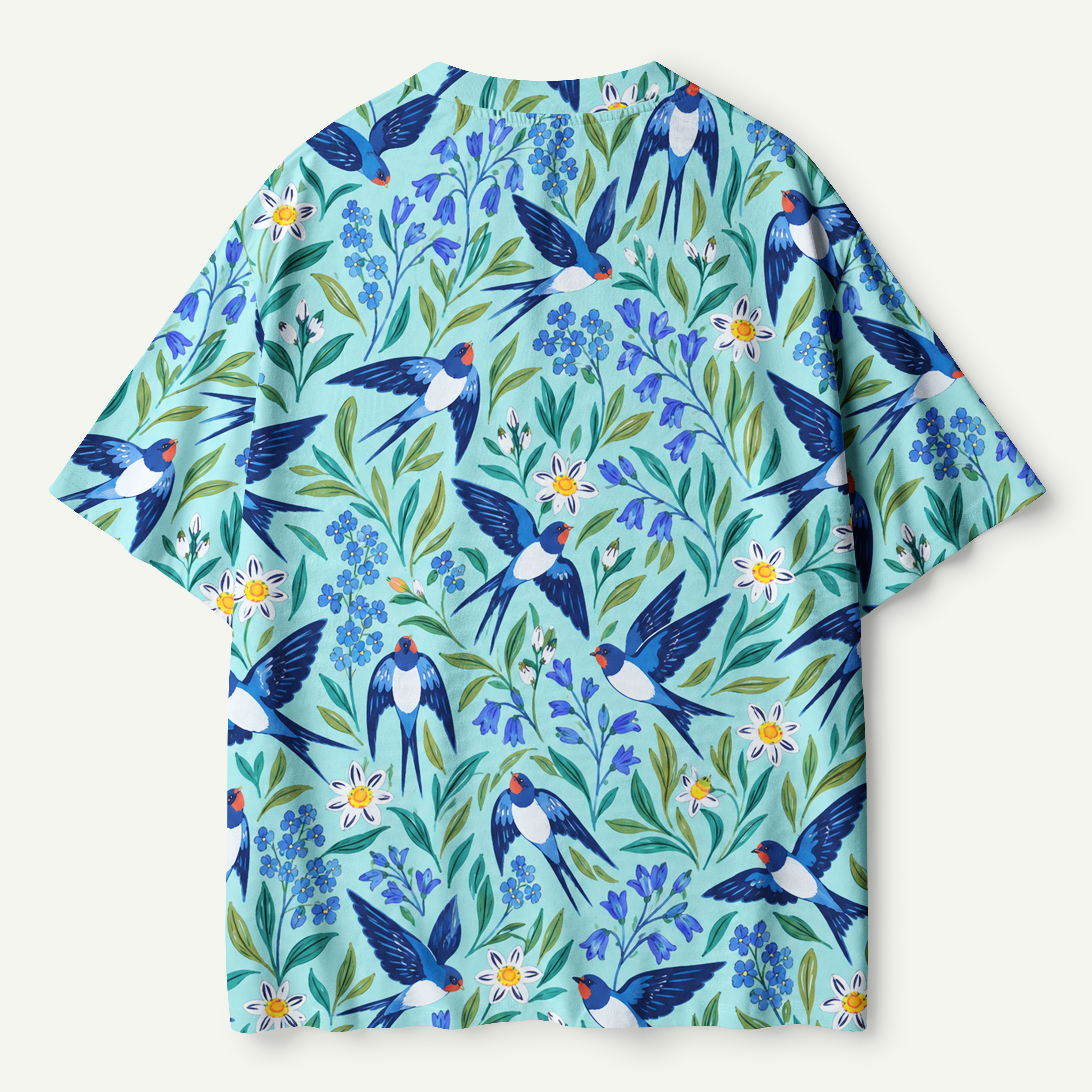 Blue Birds In Lush Garden Pattern Premium Pure Cotton Tee