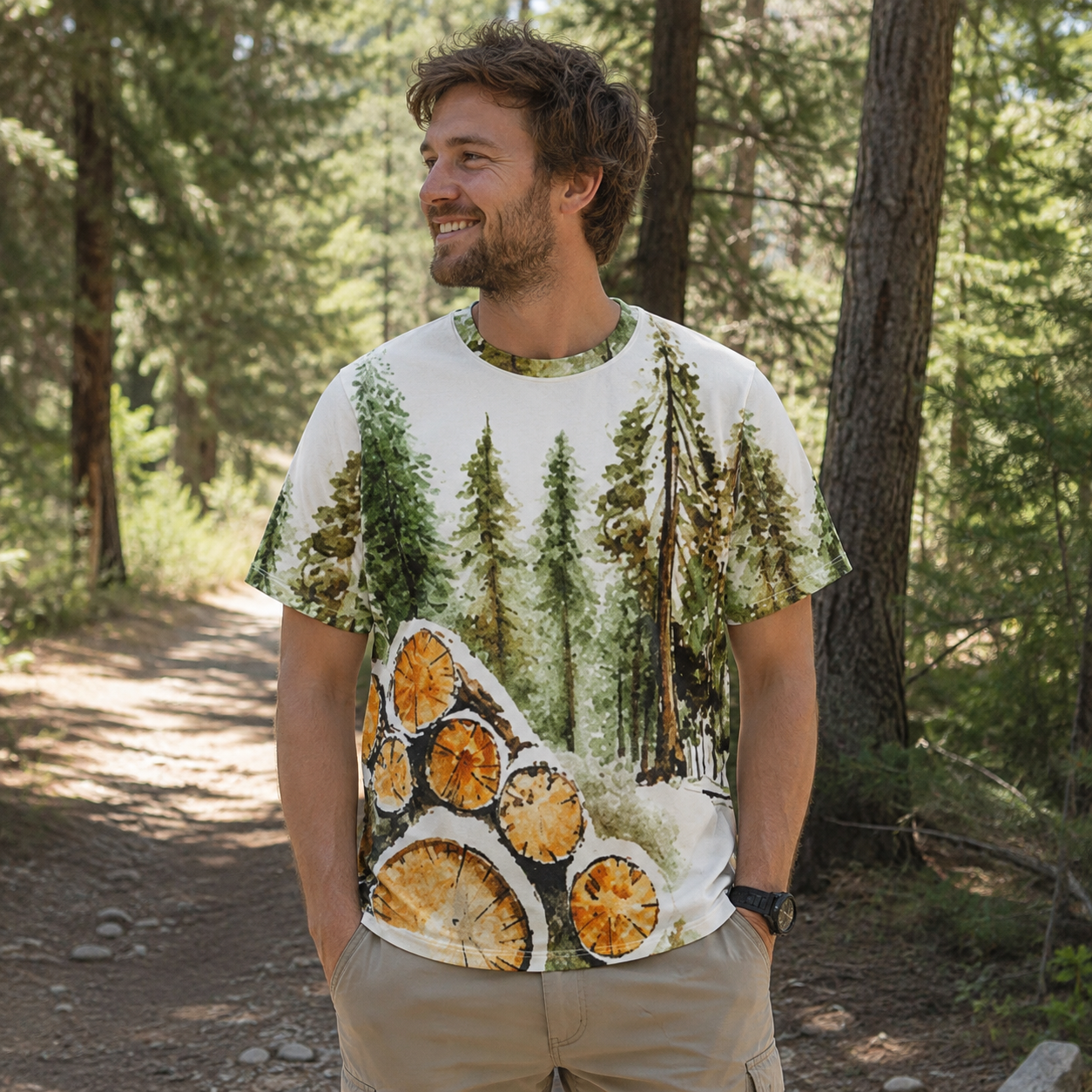 Woodland Log Pile Forest Study Premium Pure Cotton Tee