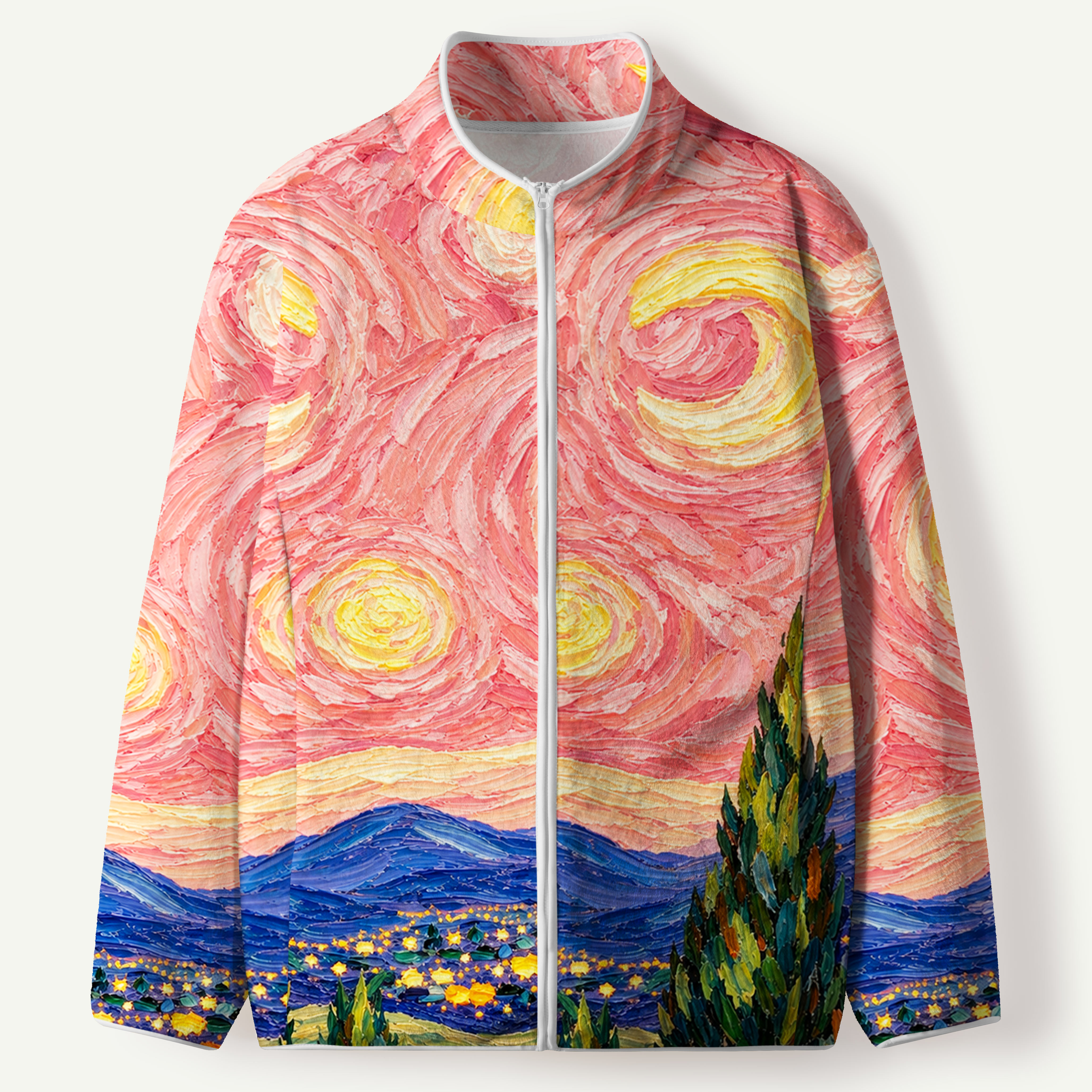 Pink Starry Night Flower Valley Women's Flannel Zip Front Cardigan