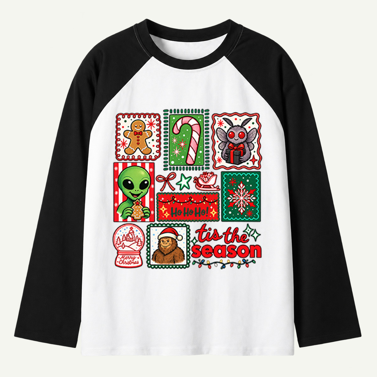 Tis The Season Alien Mothman And Bigfoot Christmas Collage Raglan Long Sleeves