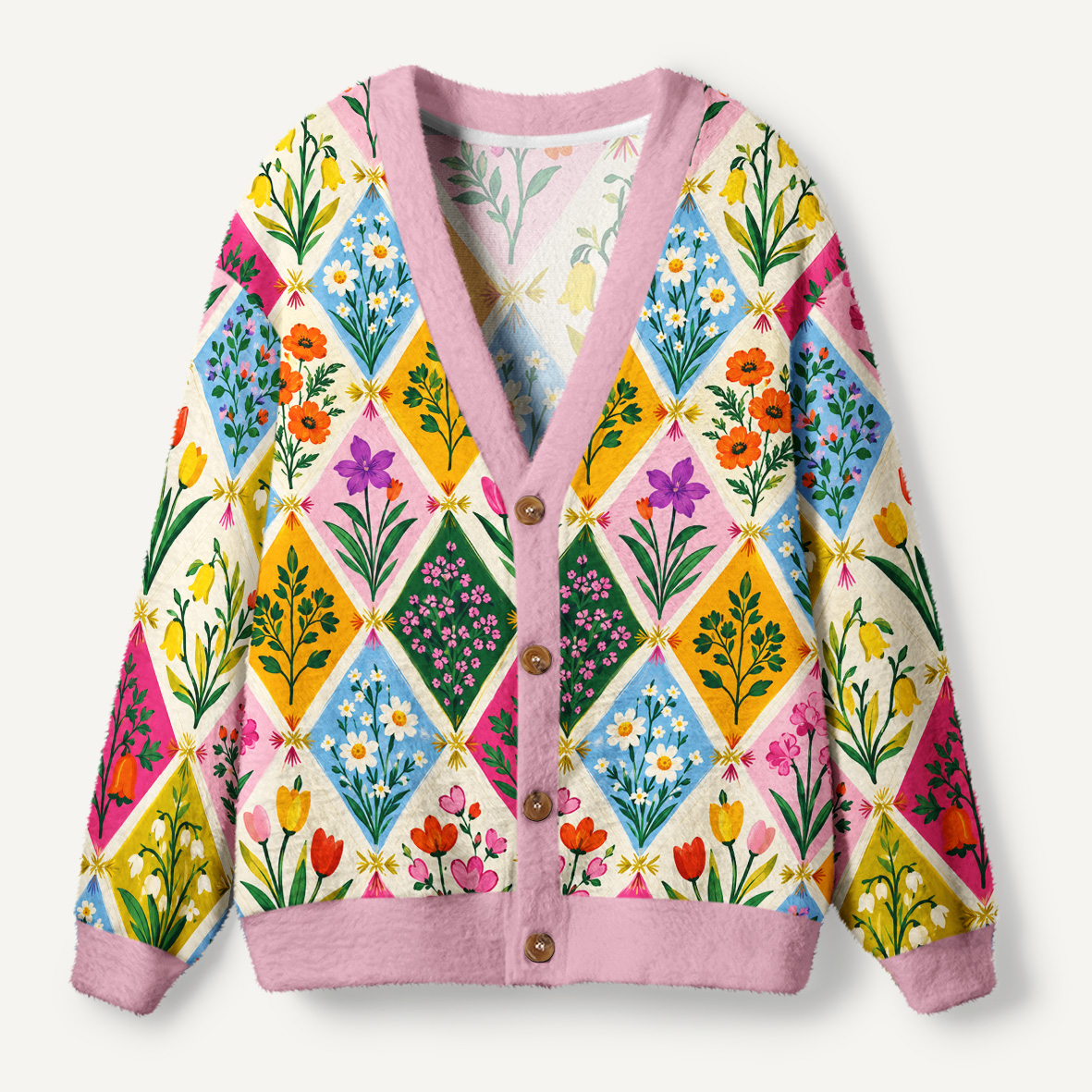 Colorful Spring Flowers In Vintage Diamond Patchwork Ugly Cardigan Sweaters