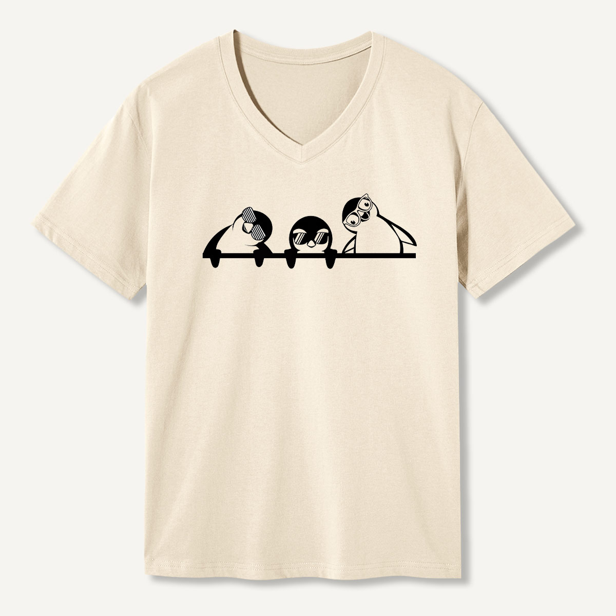 Curious Penguins Peeking Over V-neck T-Shirt