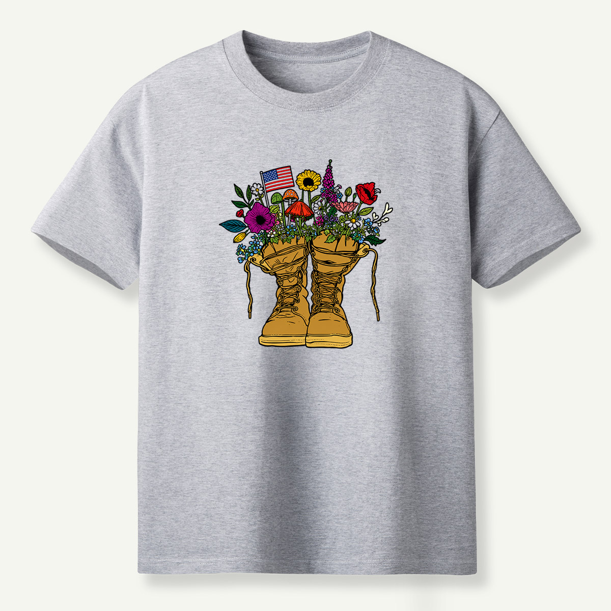 American Flag Combat Boots Wildflower Mushroom Garden T-Shirt
