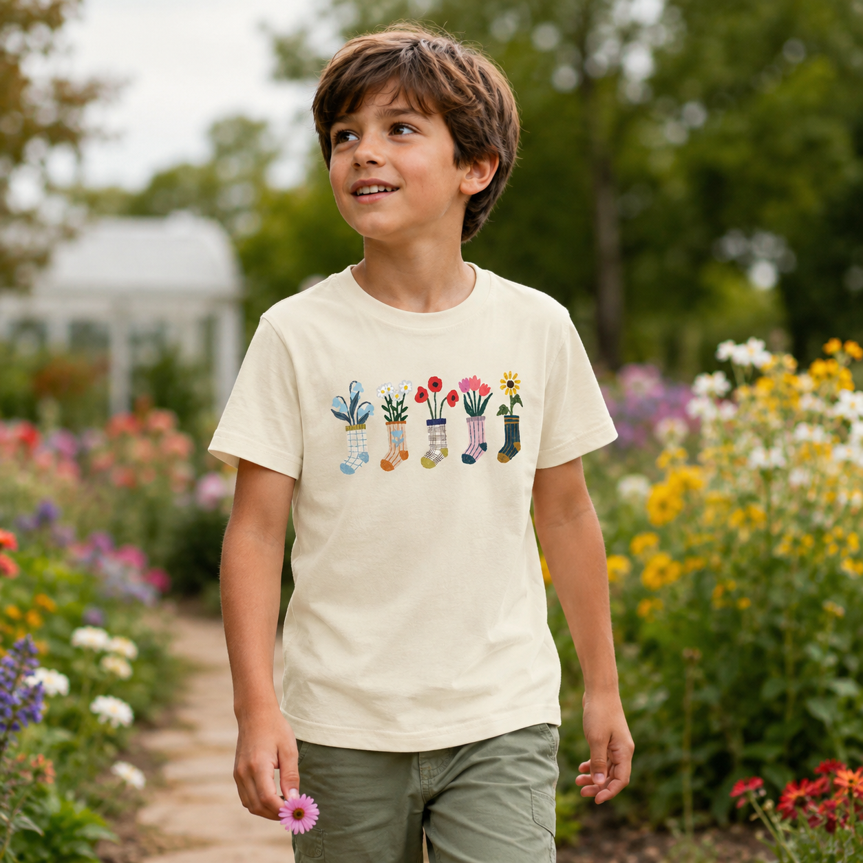 Sock Flower Garden Mint Kids T-Shirt