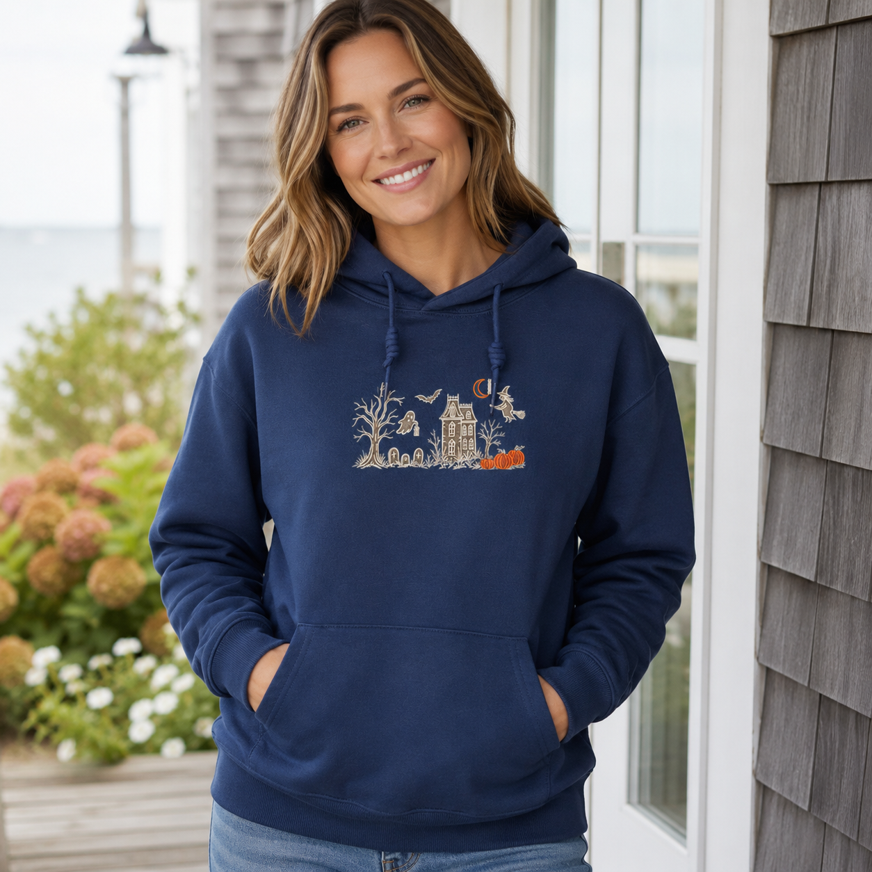 Haunted House Line Art Embroidered Cotton Hoodie