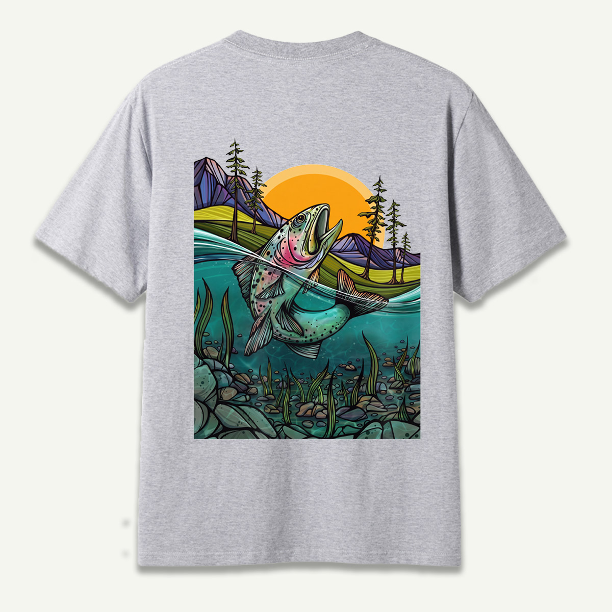 Leaping Trout River Mountain Sunset Landscape T-Shirt