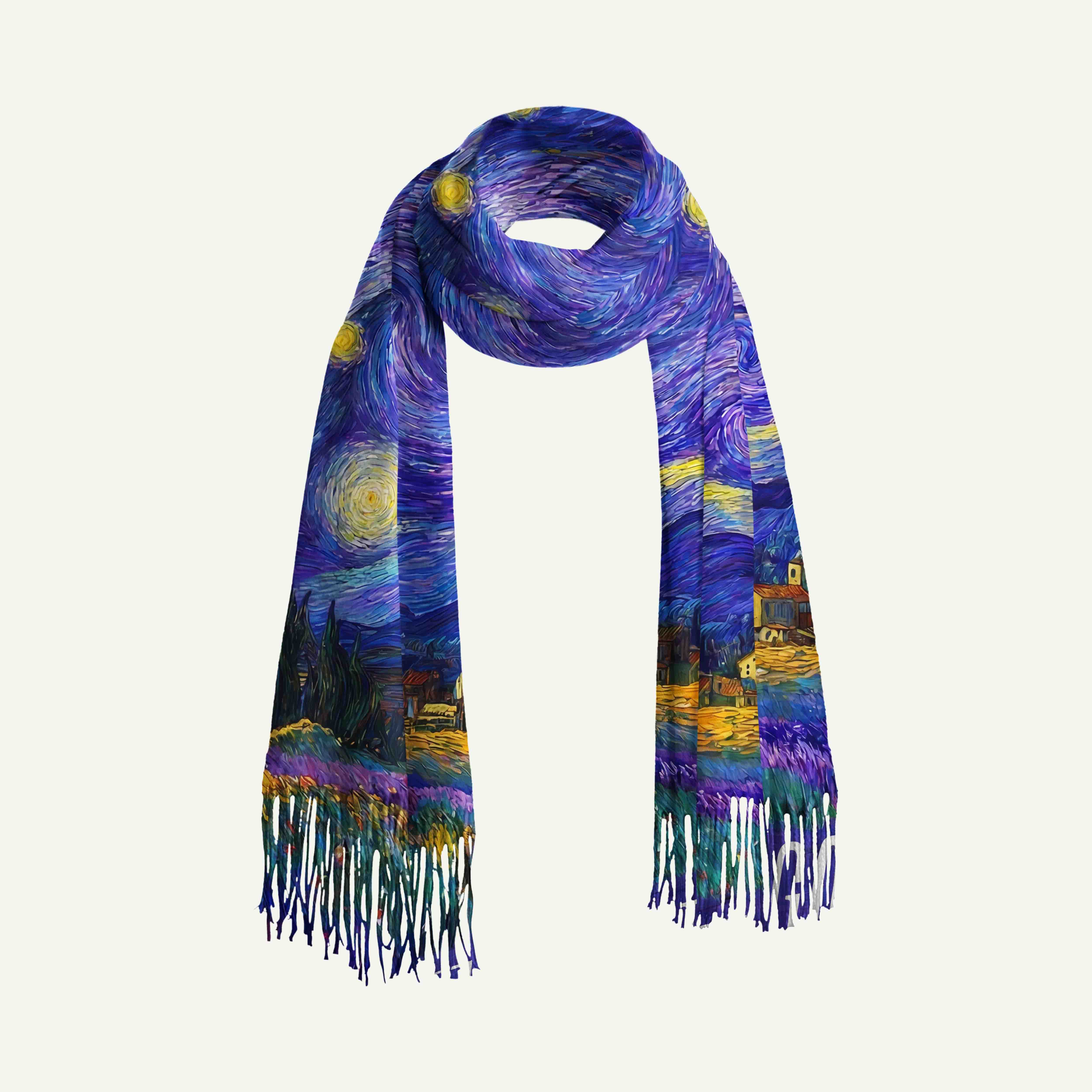 Swirling Night Sky Village Landscape Long Cashmere Scarf with Tassels