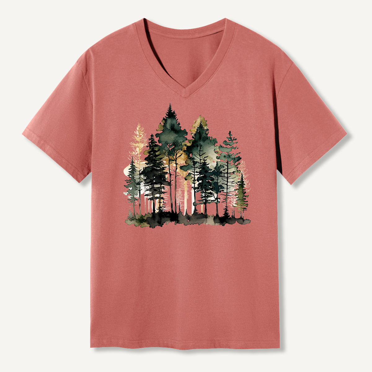 Watercolor Pine Forest Landscape V-neck T-Shirt