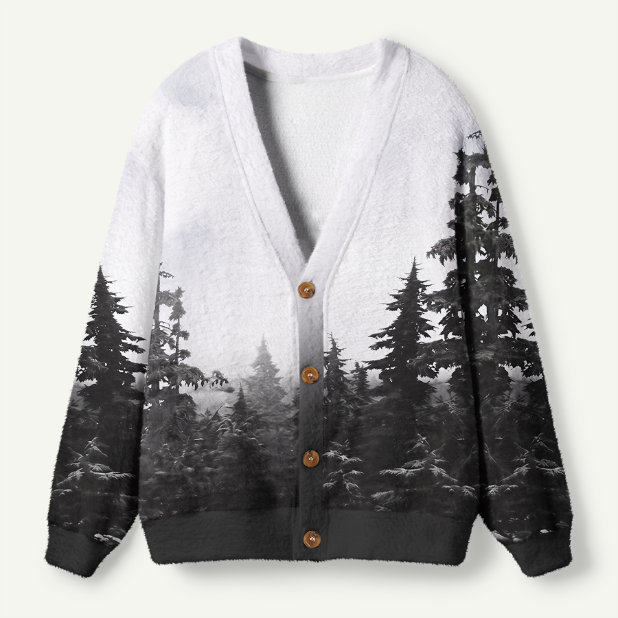 Monochrome Misty Pine Forest Ugly Cardigan Sweaters
