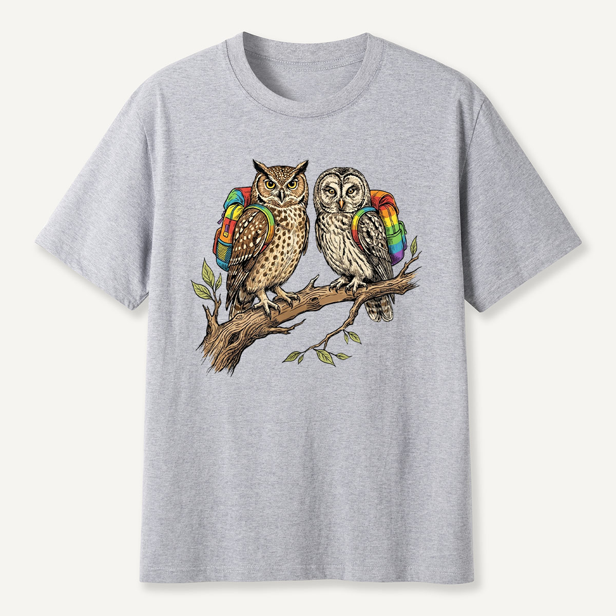 Couple Owls on Branch with Rainbow Backpacks T-Shirt