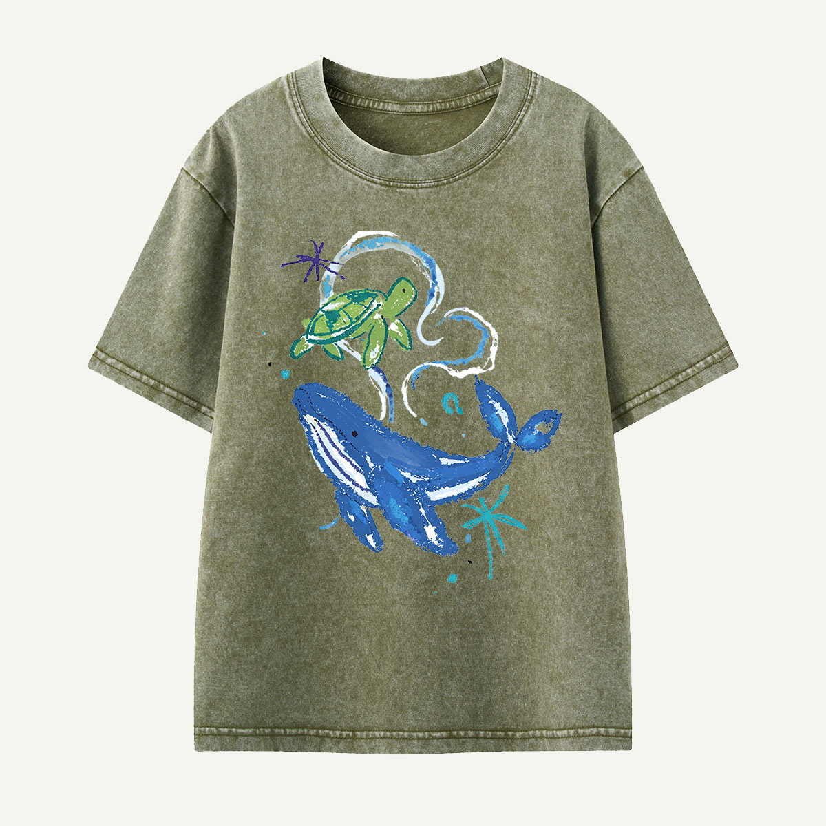 Whale and Turtle Ocean Friends Kids Washed T-Shirt