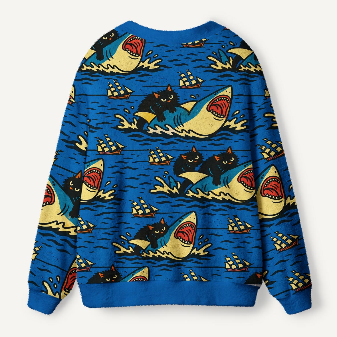 Funny Black Cat Riding A Shark Ocean Adventure Ugly Cardigan Sweaters