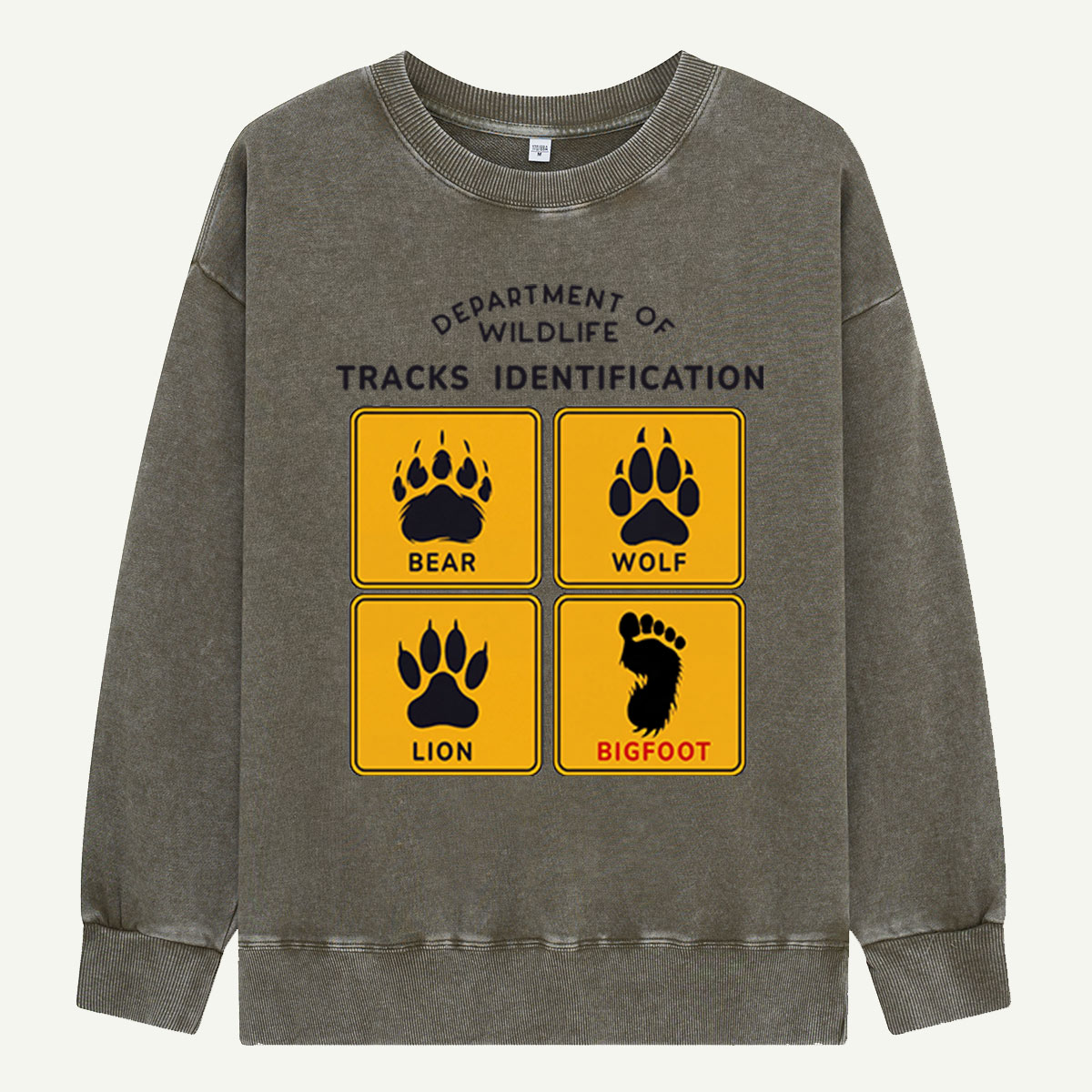 Department of Wildlife Tracks Identification Bear Wolf Lion Cryptids Washed Sweatshirts