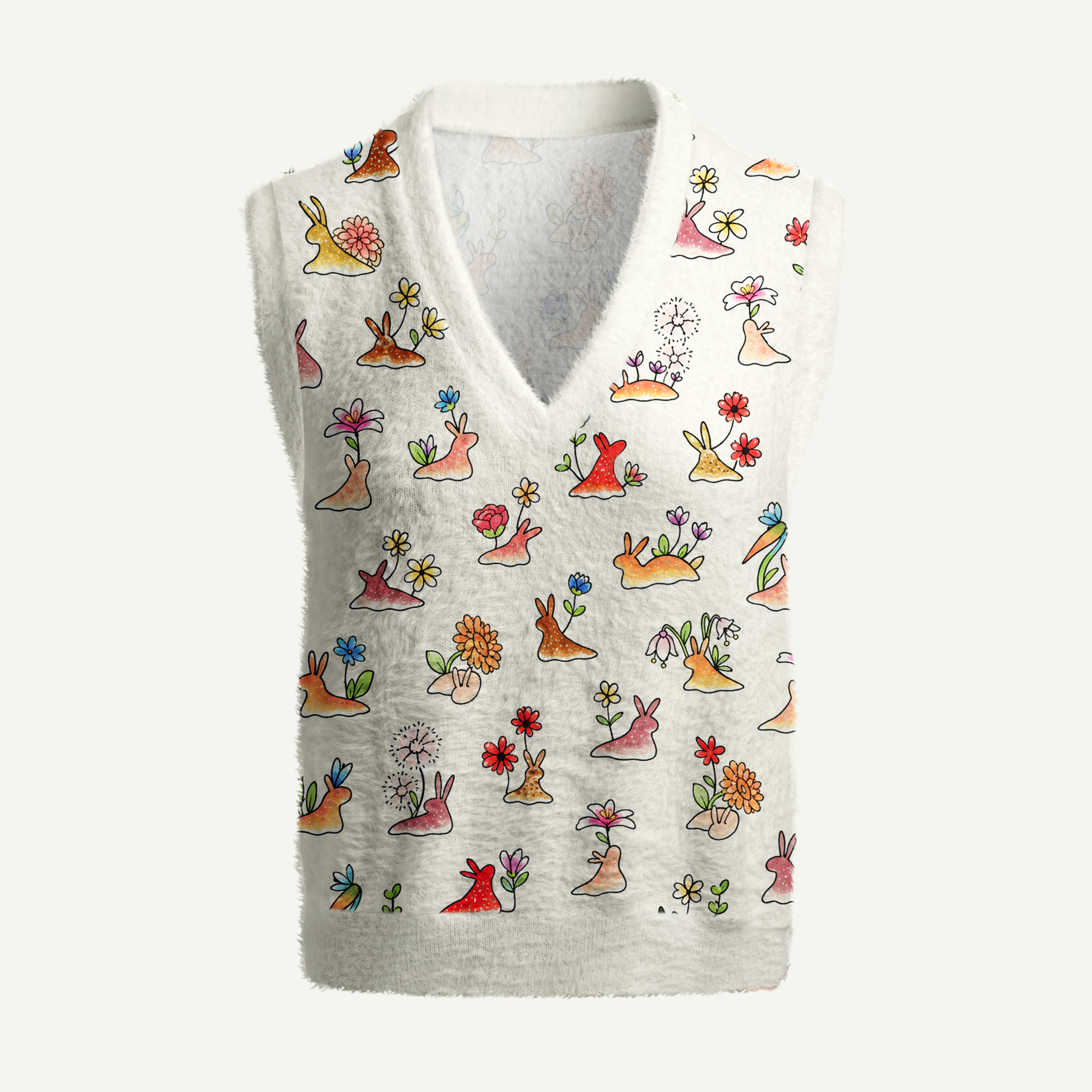 Whimsical Garden Rabbit Flower Pattern Women's Fuzzy Vest Sweater