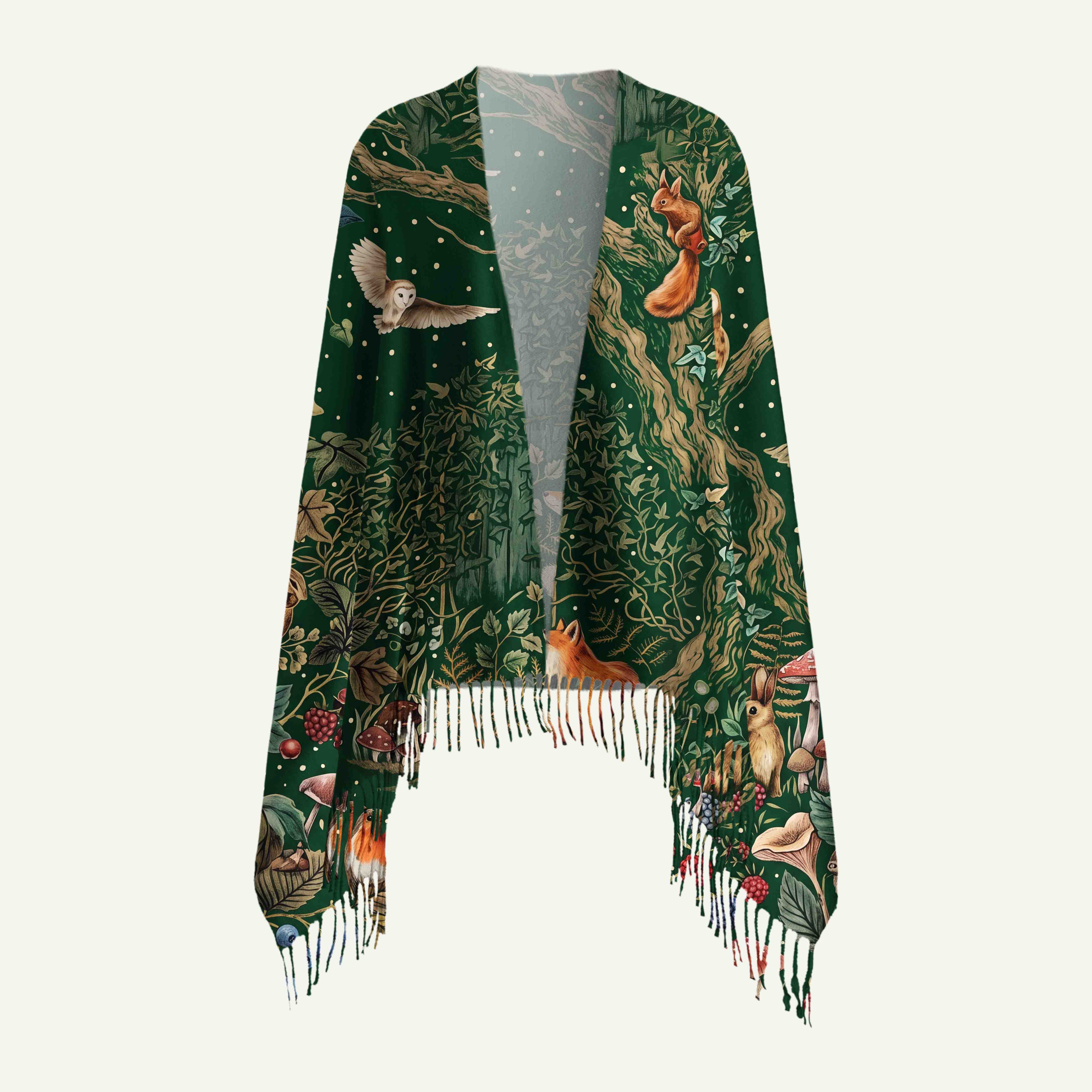 Woodland Tapestry Animal Long Cashmere Scarf with Tassels