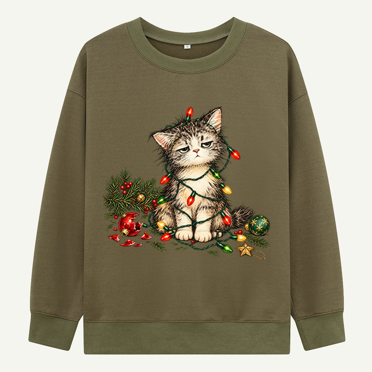 Grumpy Christmas Kitten Tangled In Holiday Lights Sweatshirts