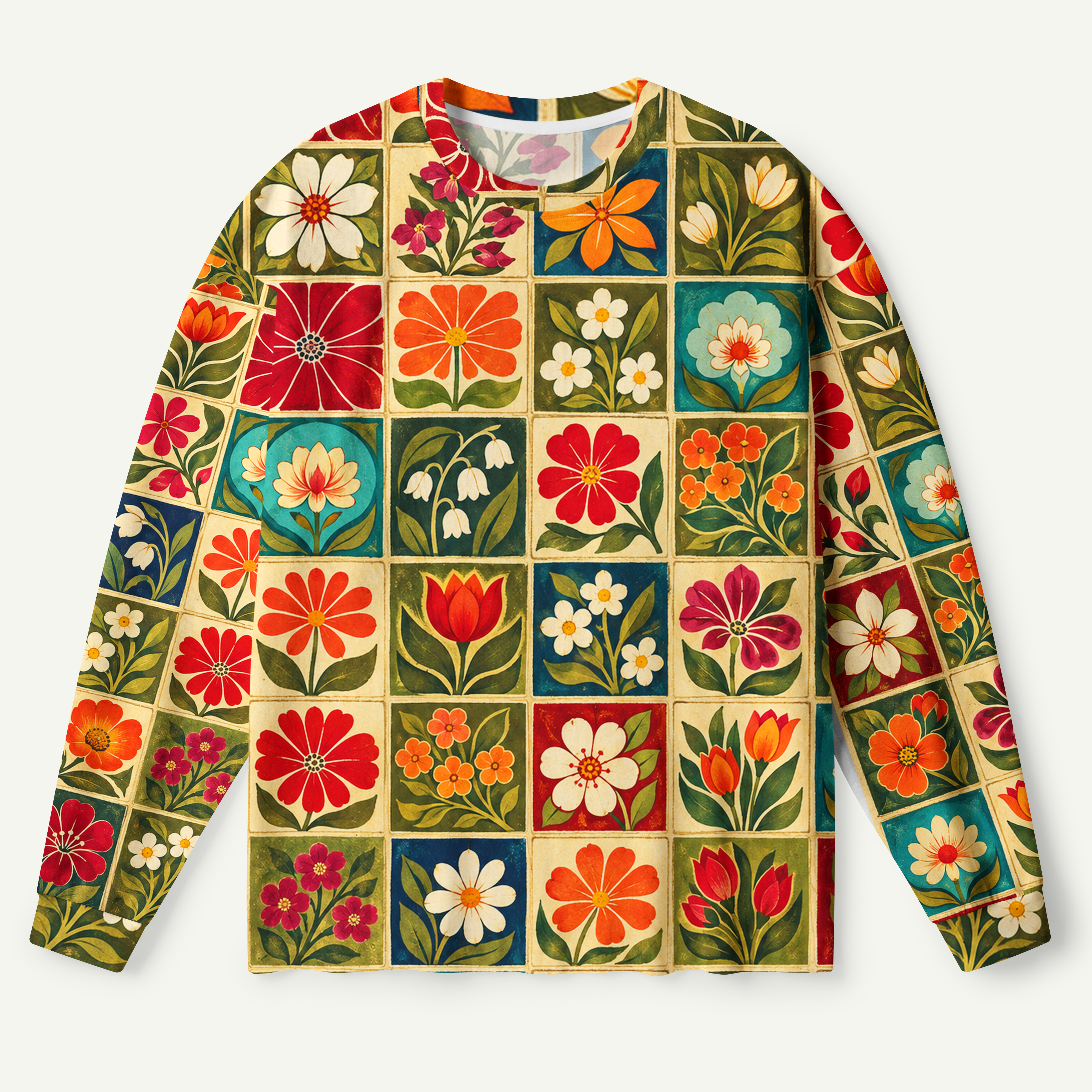 Retro Floral Tile Garden Patchwork Premium Pure Cotton Long Sleeves