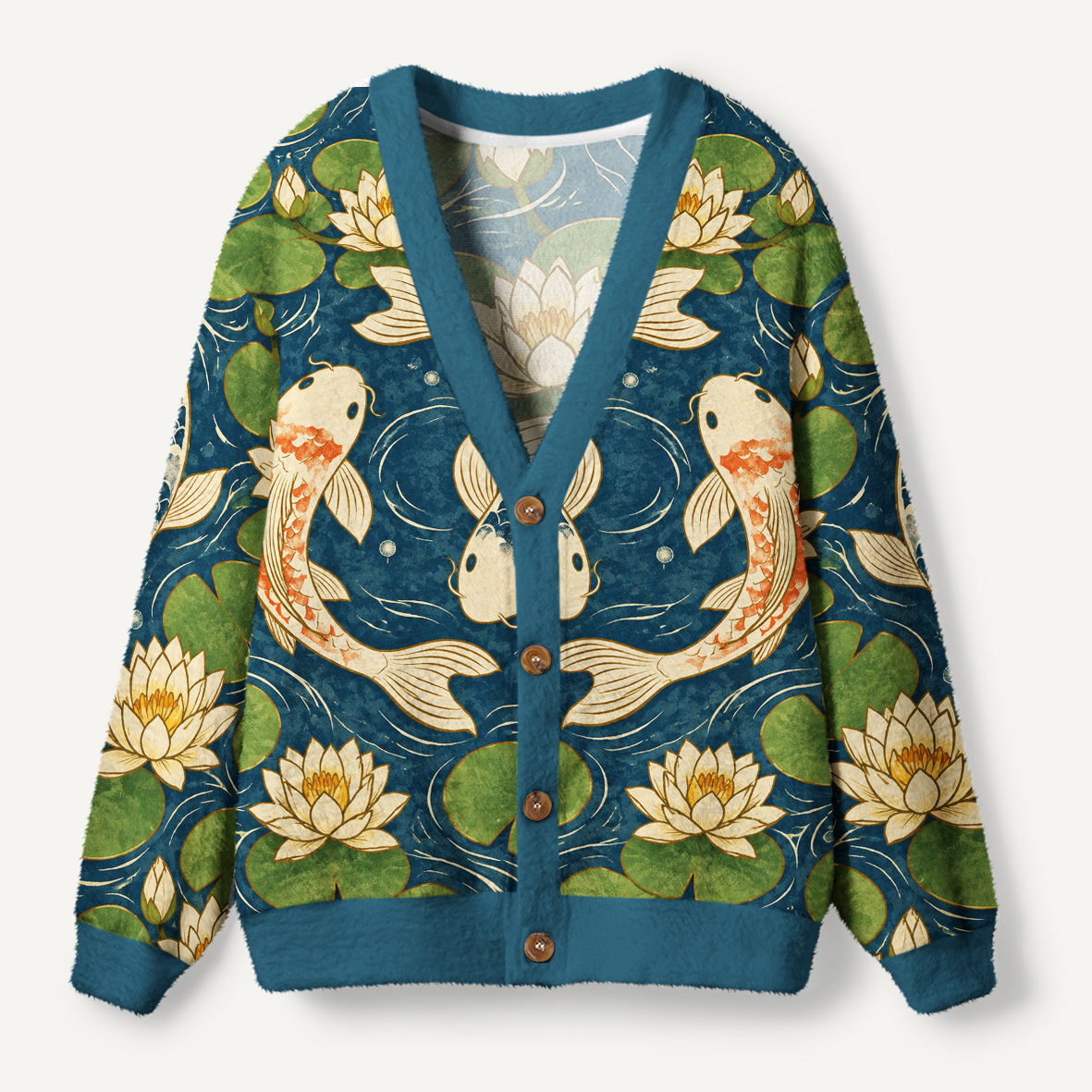 Japanese Koi Fish Swimming Among White Water Lilies Ugly Cardigan Sweaters
