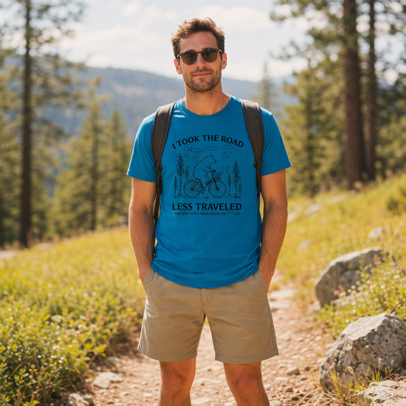 Bear Road Less Traveled Cycling Humor T-Shirt