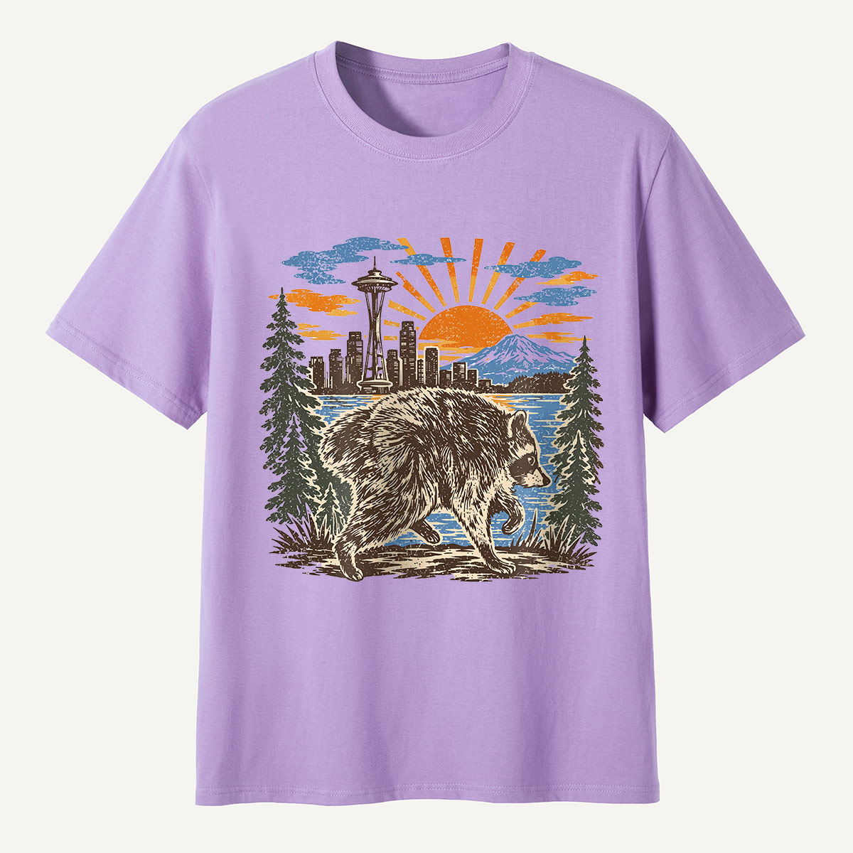 Jimothy Seattle Skyline Sunset Raccoon T-Shirt