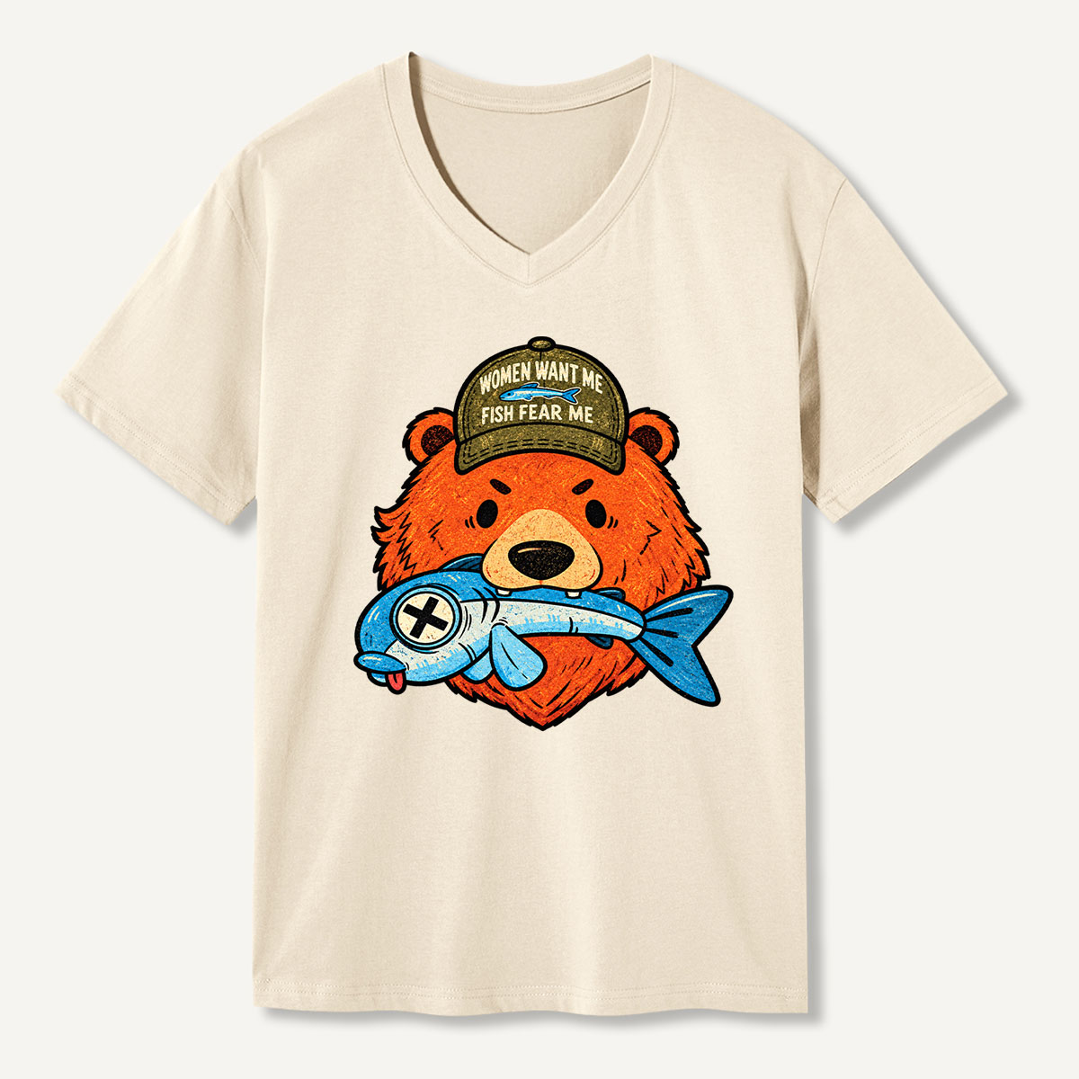 Women Want Me Fish Fear Me Funny Fishing Bear V-neck T-Shirt