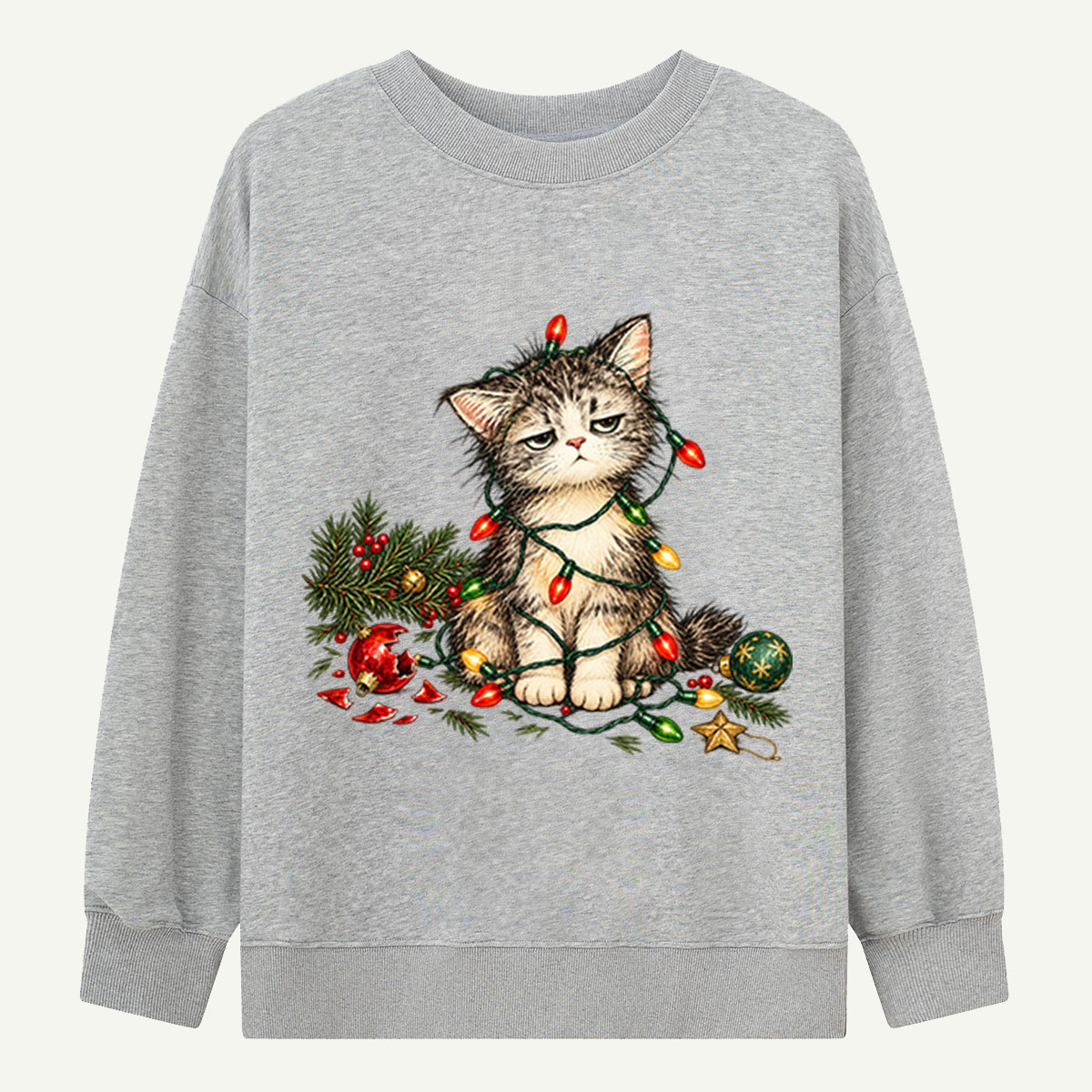 Grumpy Christmas Kitten Tangled In Holiday Lights Sweatshirts