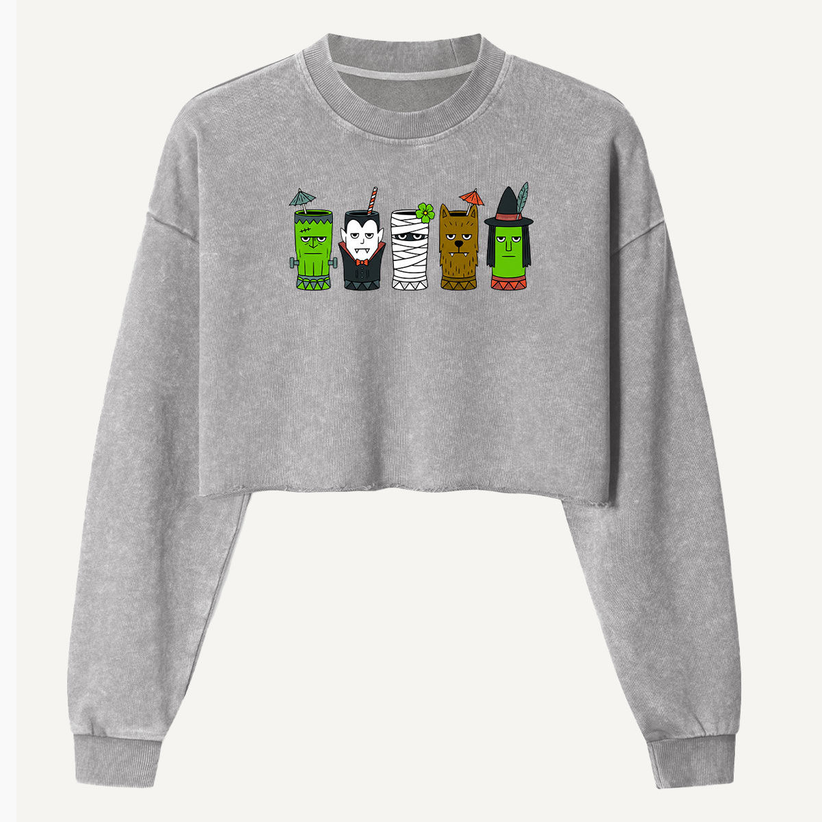 Trick Or Treat Classic Monsters Women's Washed Cropped Sweatshirt