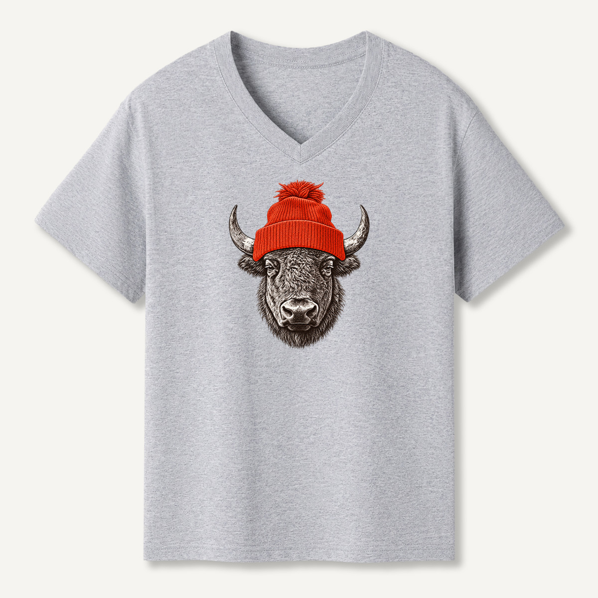 Winter Beanie Bison Portrait V-neck T-Shirt