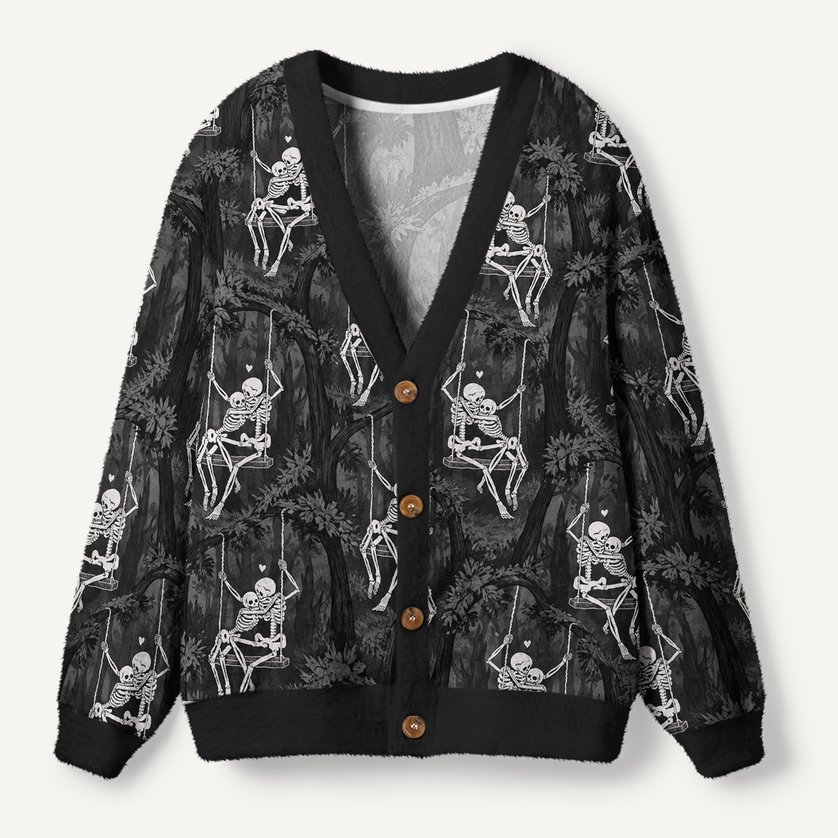 Skeleton Lovers Embracing On A Forest Swing Ugly Cardigan Sweaters