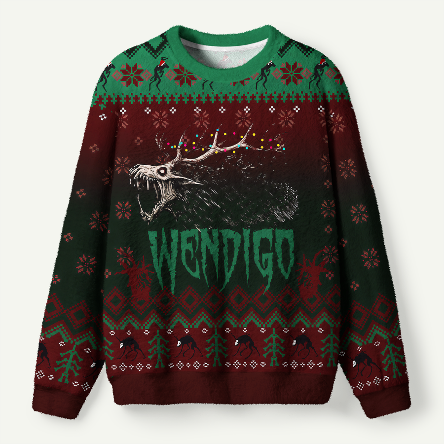 Wendigo With Christmas Lights Dark Horror Fair Isle Pattern Ugly Fuzzy Fleece Sweatshirt