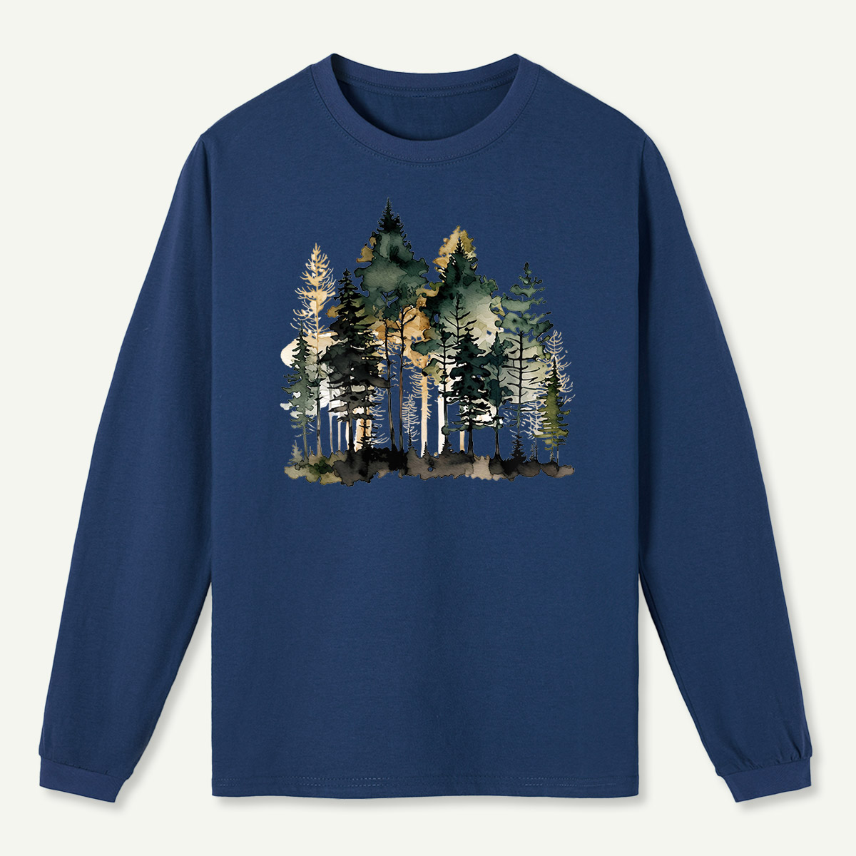 Watercolor Pine Forest Landscape Long Sleeve T-Shirt