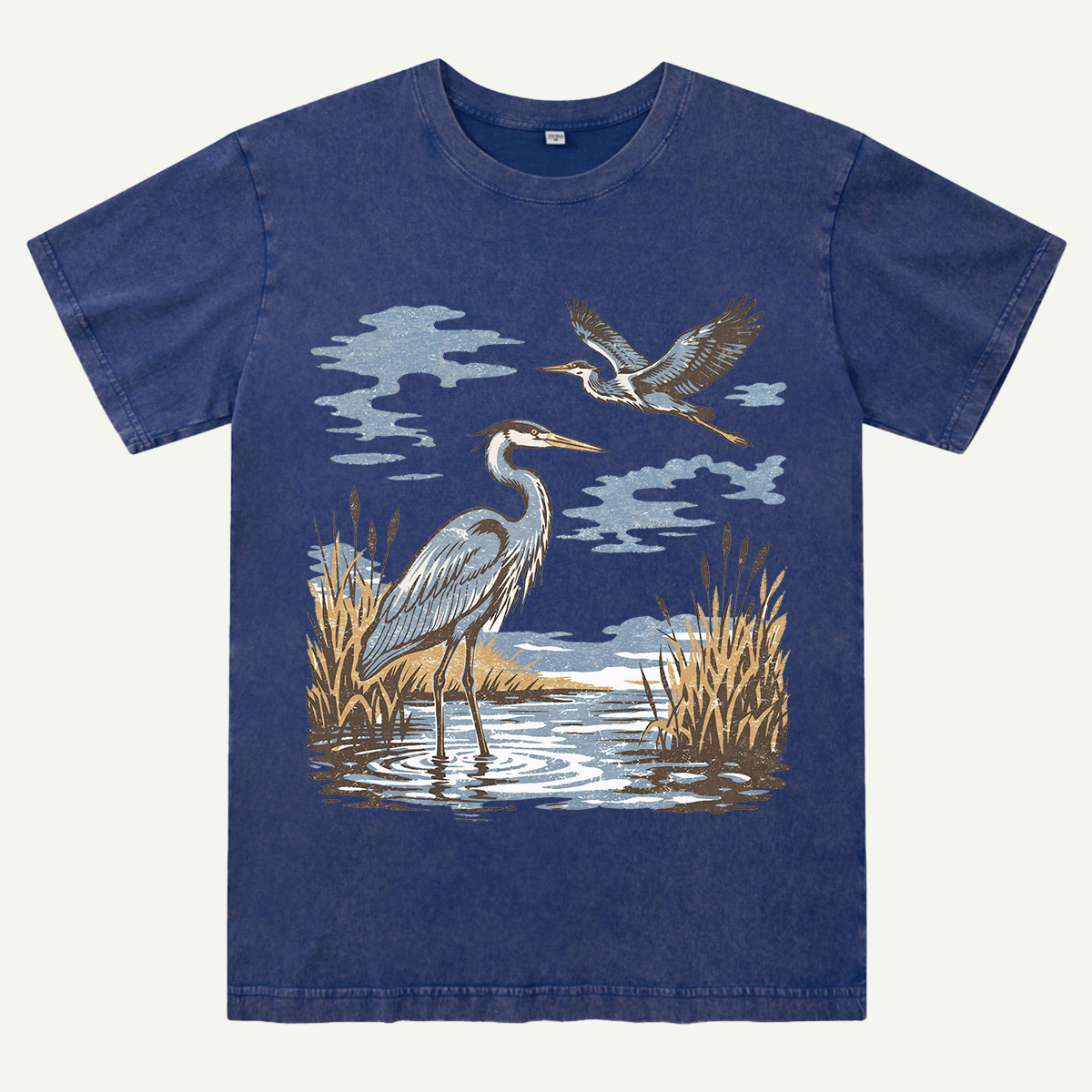 Vintage Heron Wetland Bird Nature Washed T-Shirt