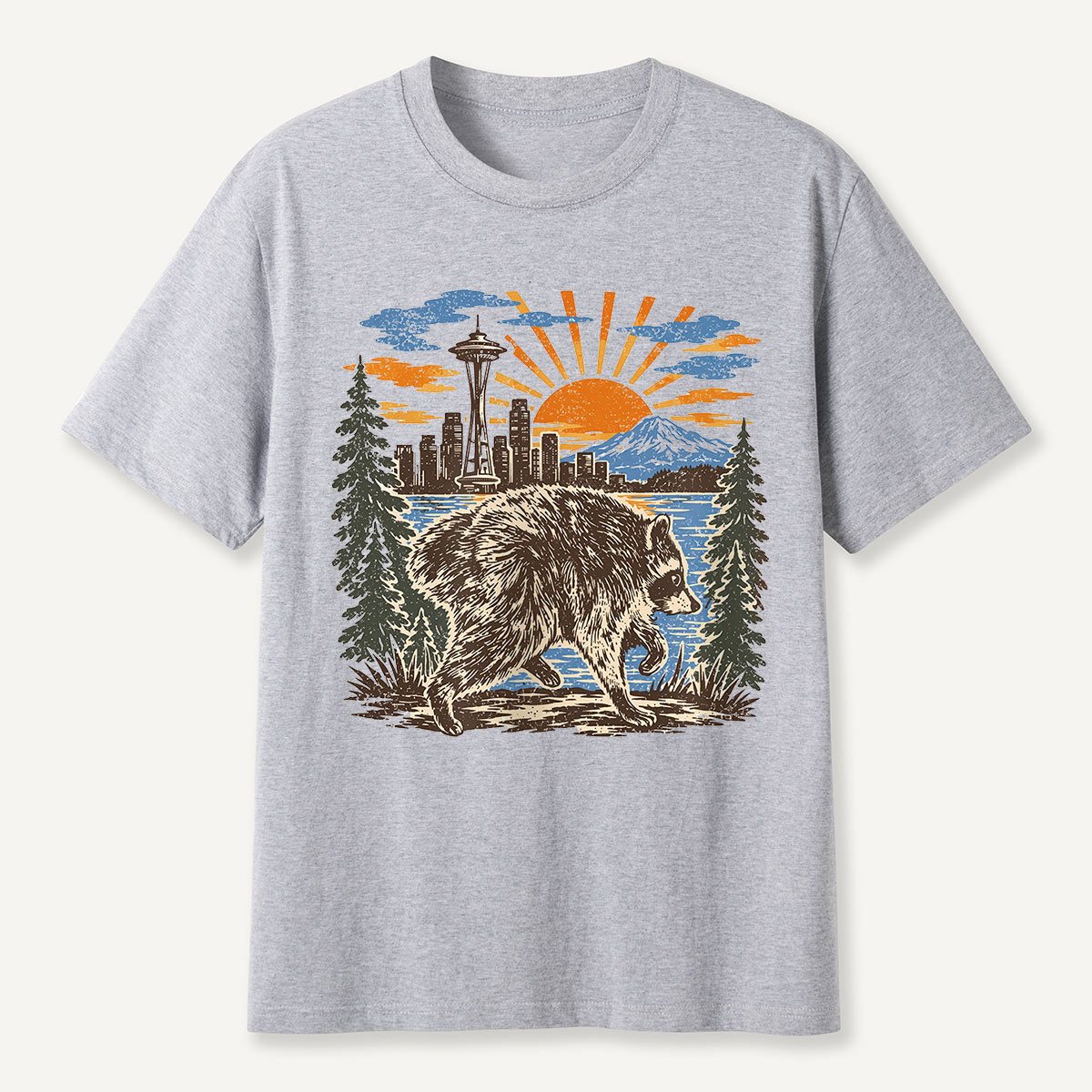Jimothy Seattle Skyline Sunset Raccoon T-Shirt