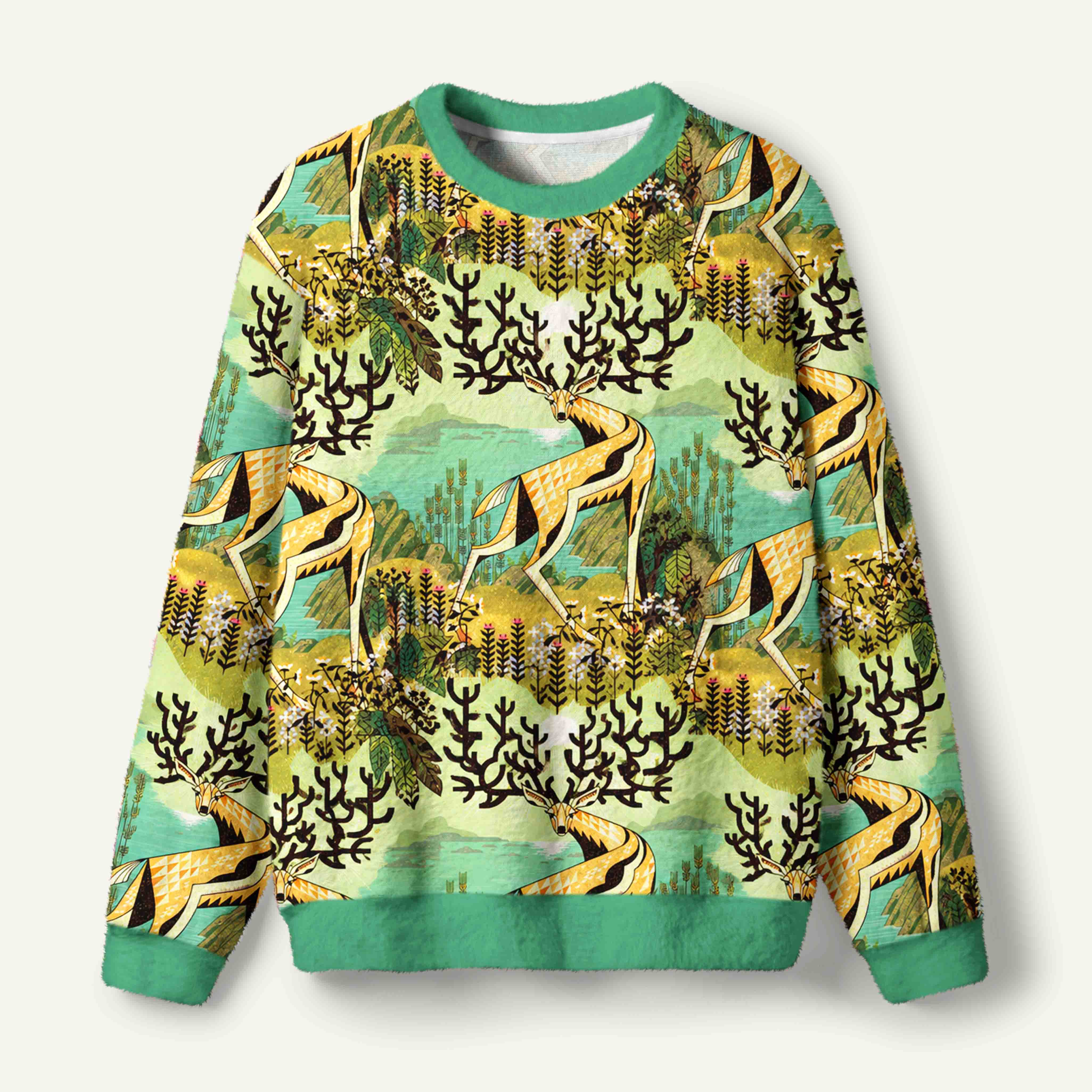 Majestic Golden Stag In Geometric Forest Lakeside Landscape Ugly Fuzzy Fleece Sweatshirt