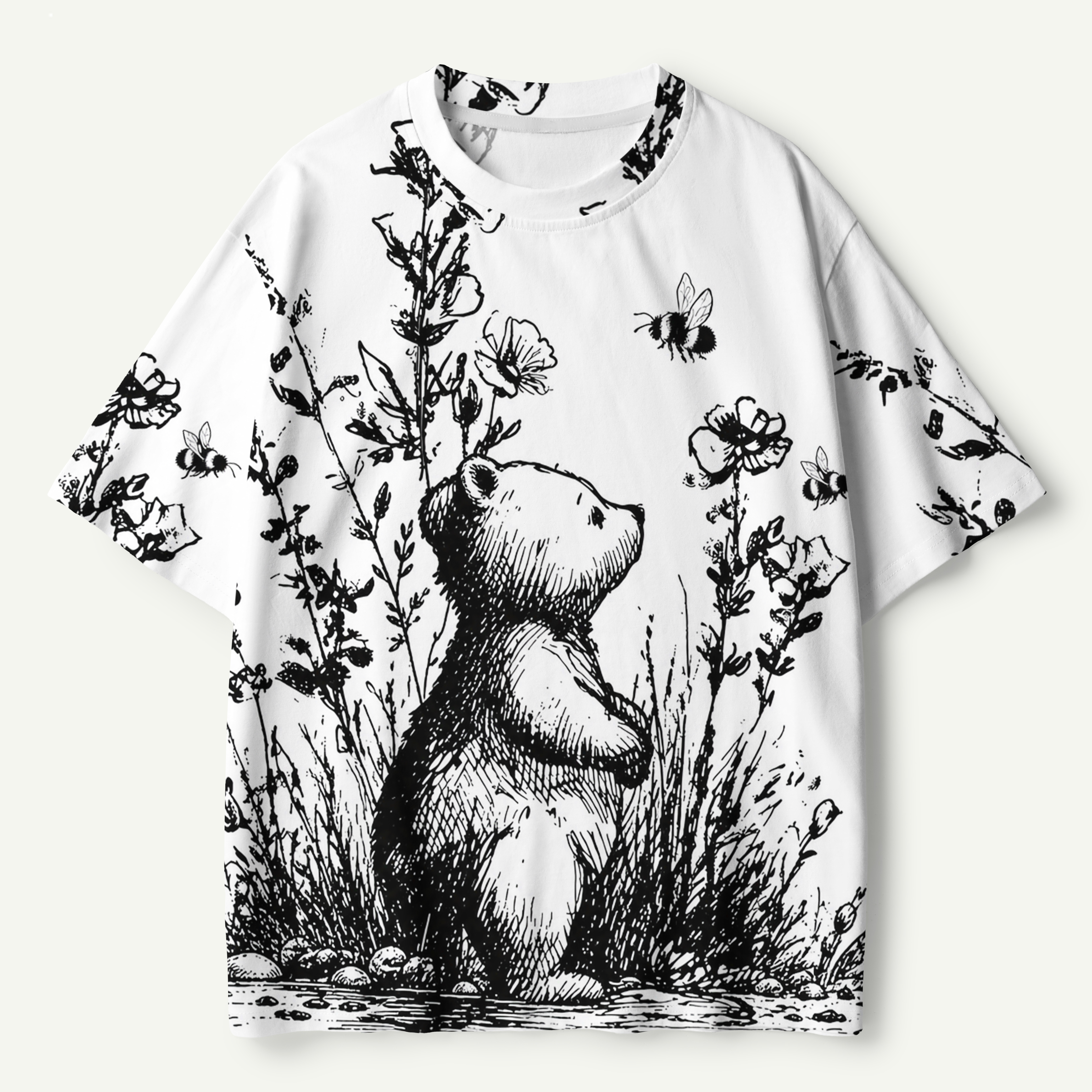 Woodland Bear Wildflower Sketch Premium Pure Cotton Tee
