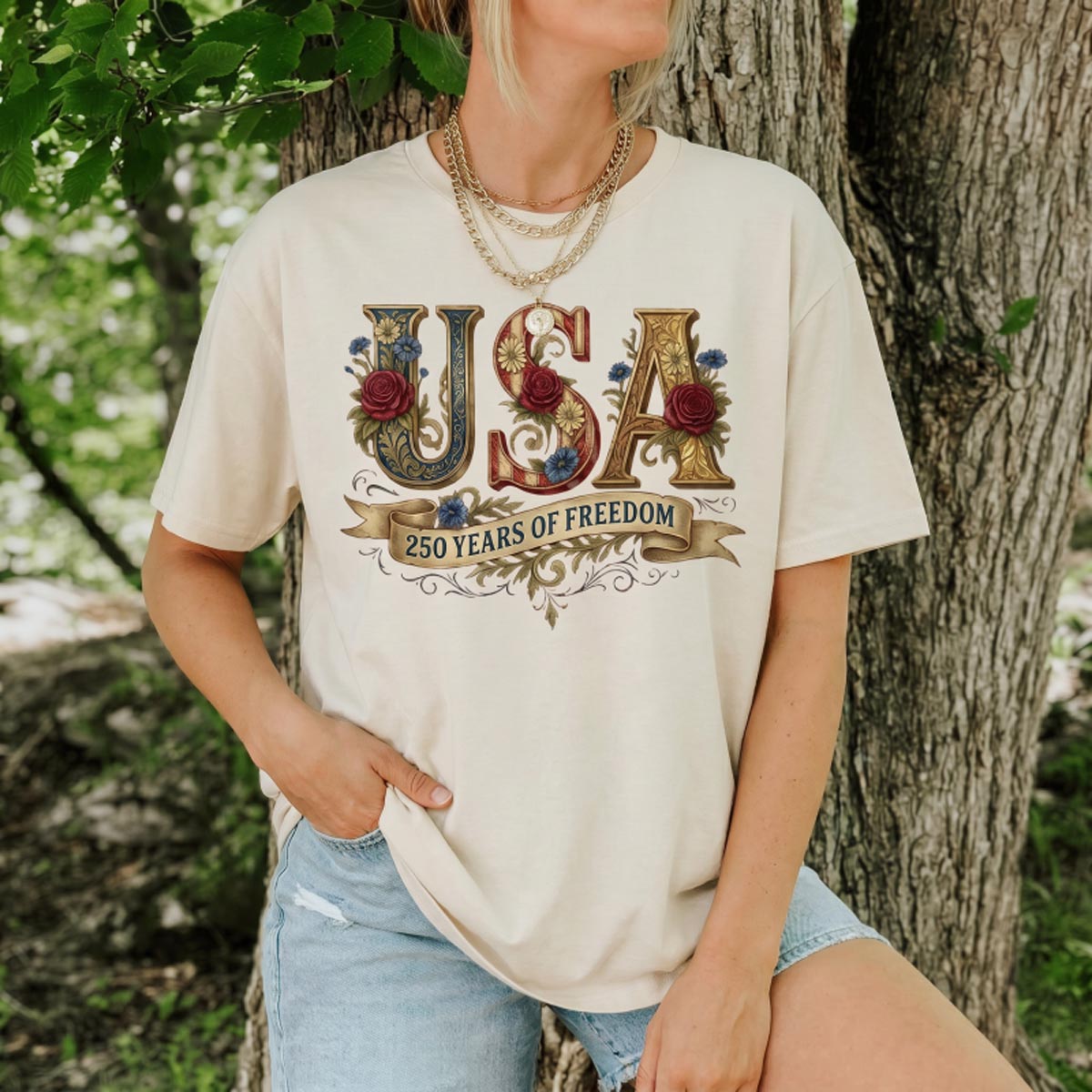 USA 250 Years of Freedom Floral T-Shirt