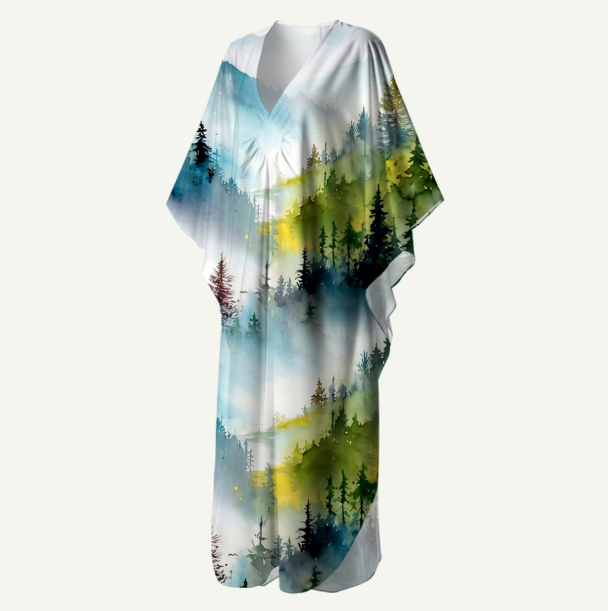 Watercolor Misty Mountain Forest Sleeve Kaftan Dress