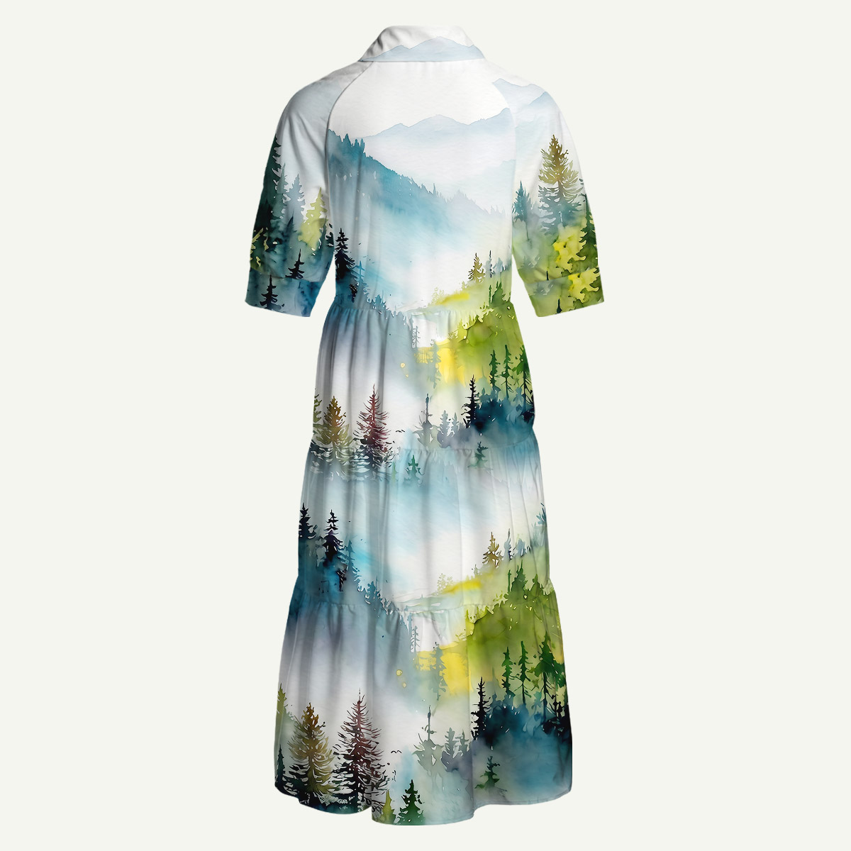 Watercolor Misty Mountain Forest Midi Dress With Pockets