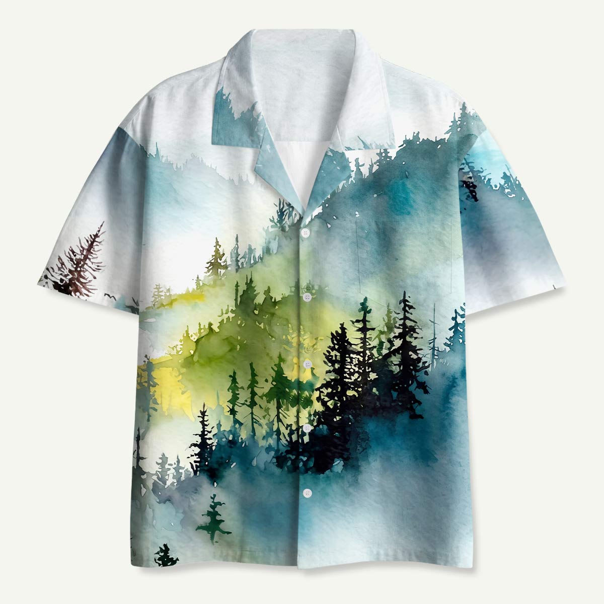 Watercolor Misty Mountain Forest Hawaii Button Up Pocket Shirt