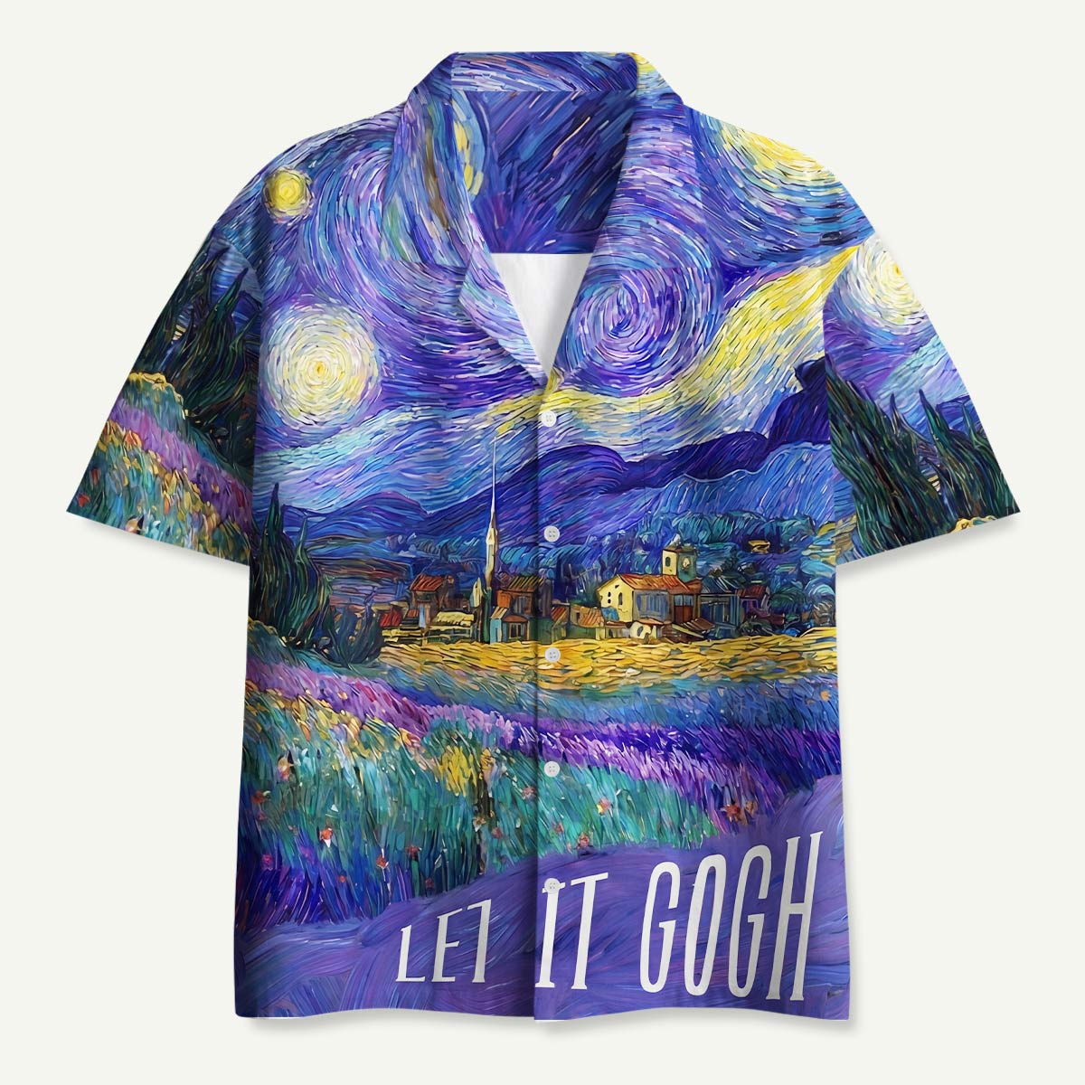Swirling Night Sky Village Landscape Hawaii Button Up Pocket Shirt