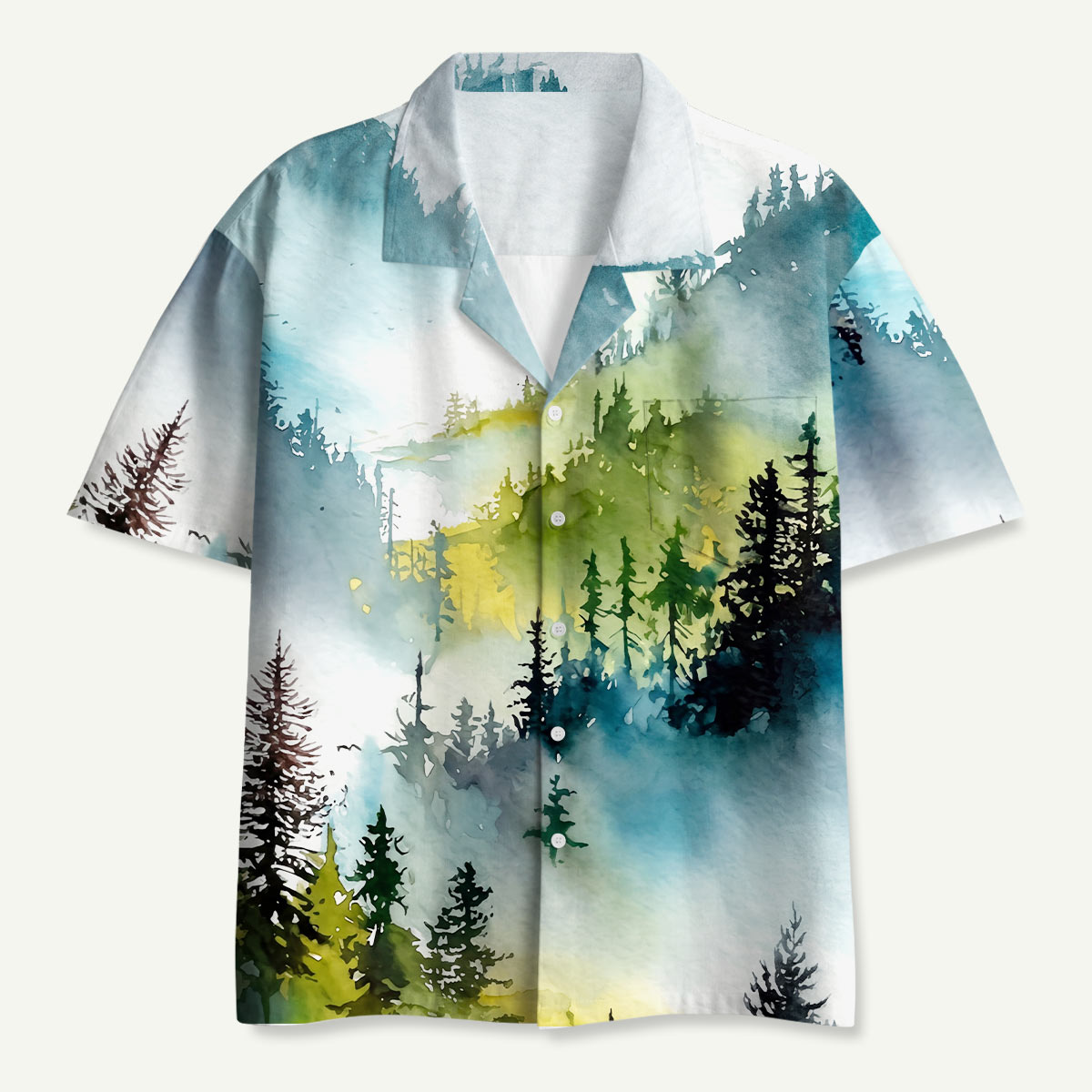 Watercolor Misty Mountain Forest Hawaii Button Up Pocket Shirt