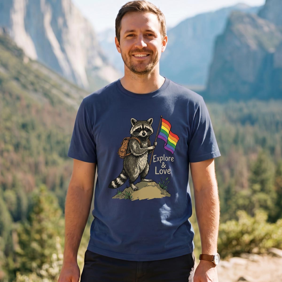 Raccoon Holding Rainbow Flag Explore and Love T-Shirt