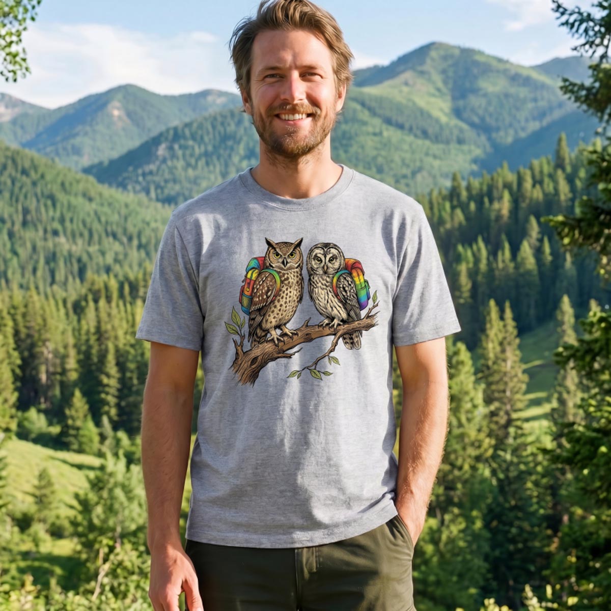 Couple Owls on Branch with Rainbow Backpacks T-Shirt